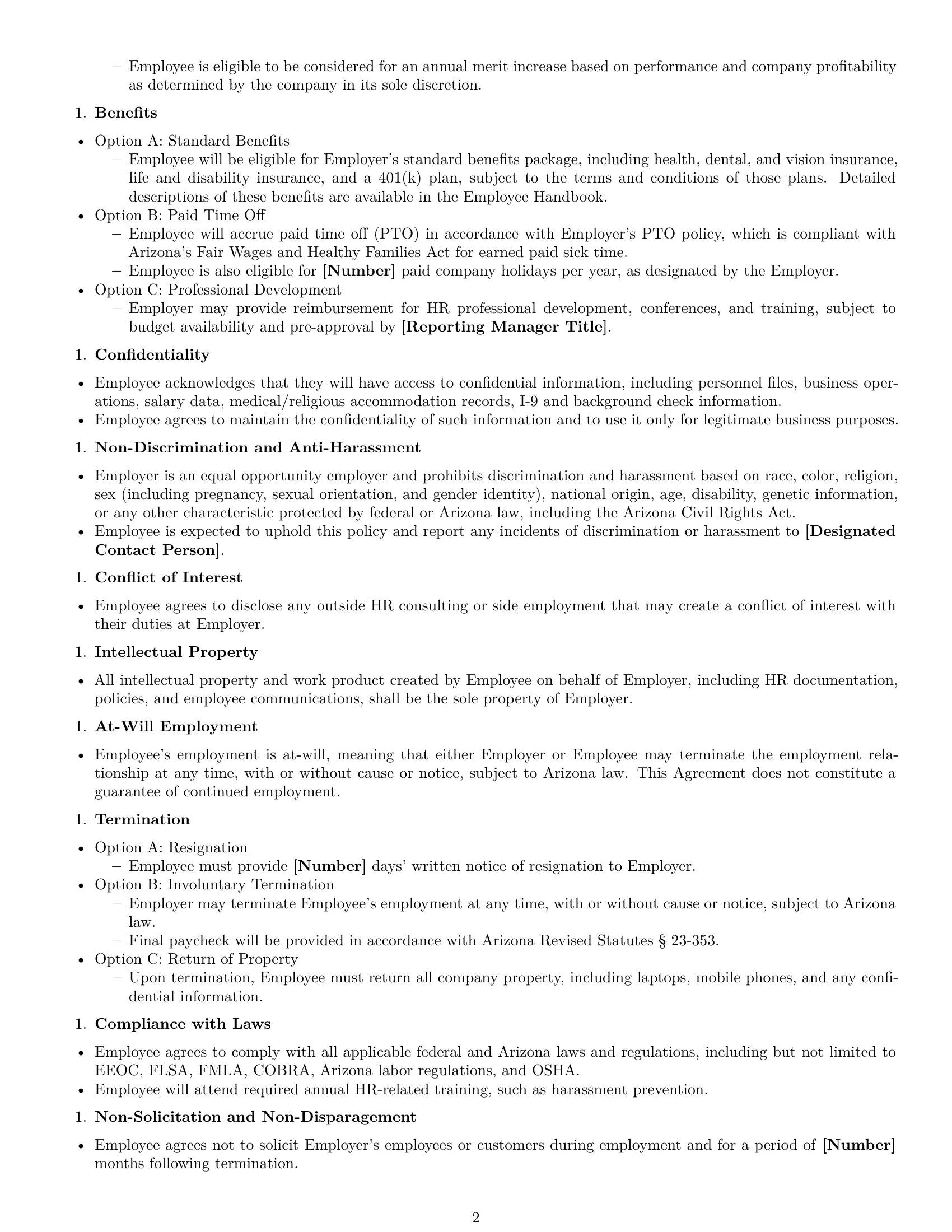 Preview page 2 of Free Arizona HR generalist employment contract template
