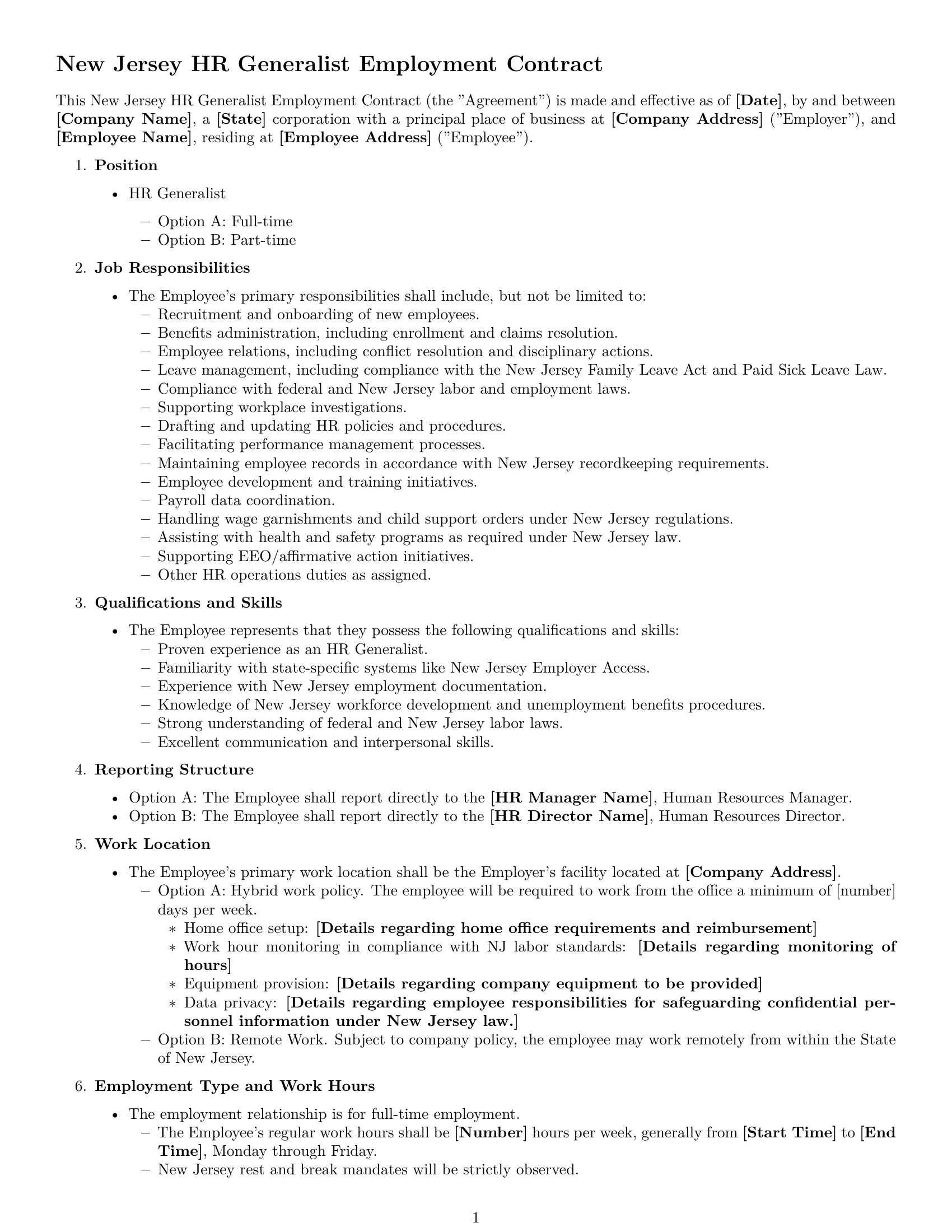 Preview page 1 of Free New Jersey HR generalist employment contract template