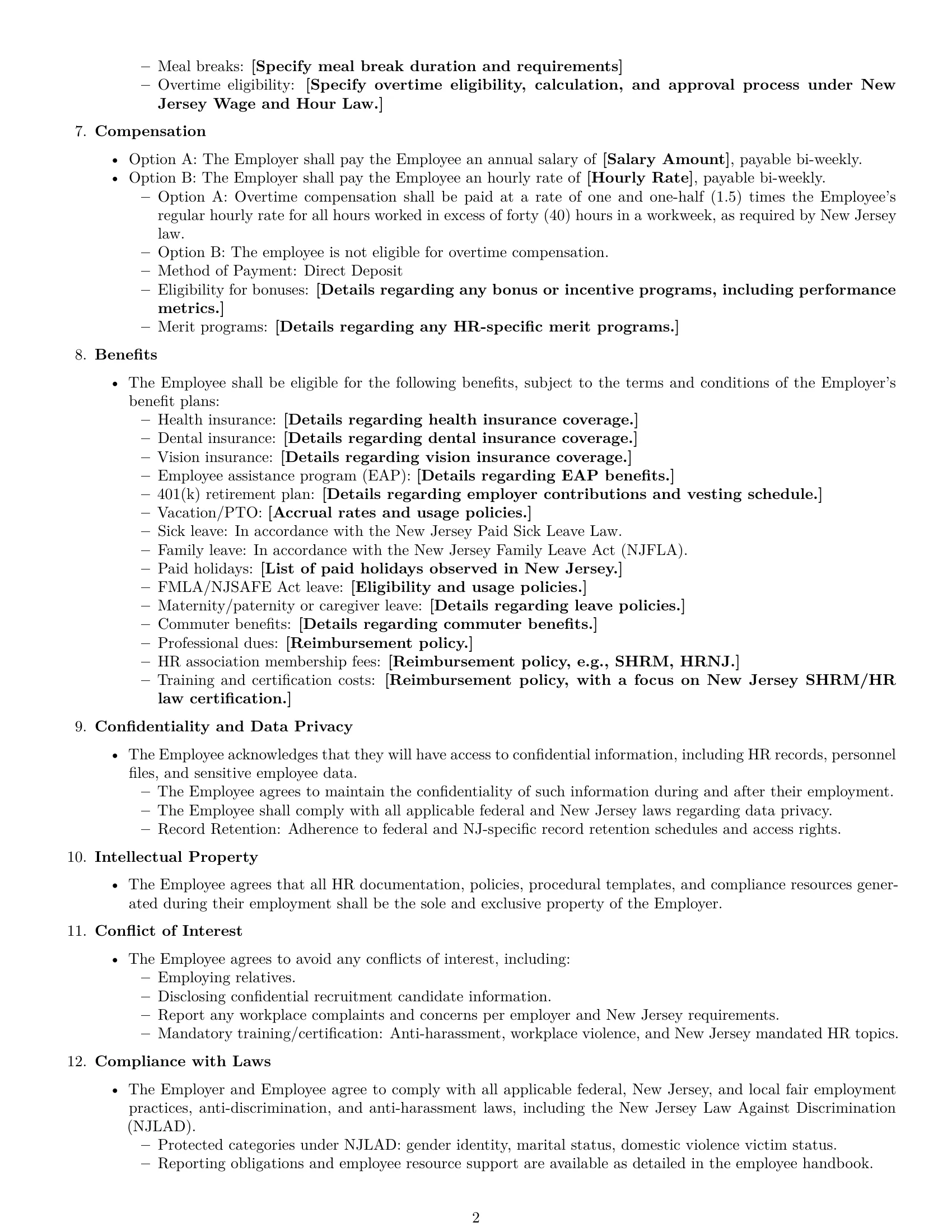 Preview page 2 of Free New Jersey HR generalist employment contract template