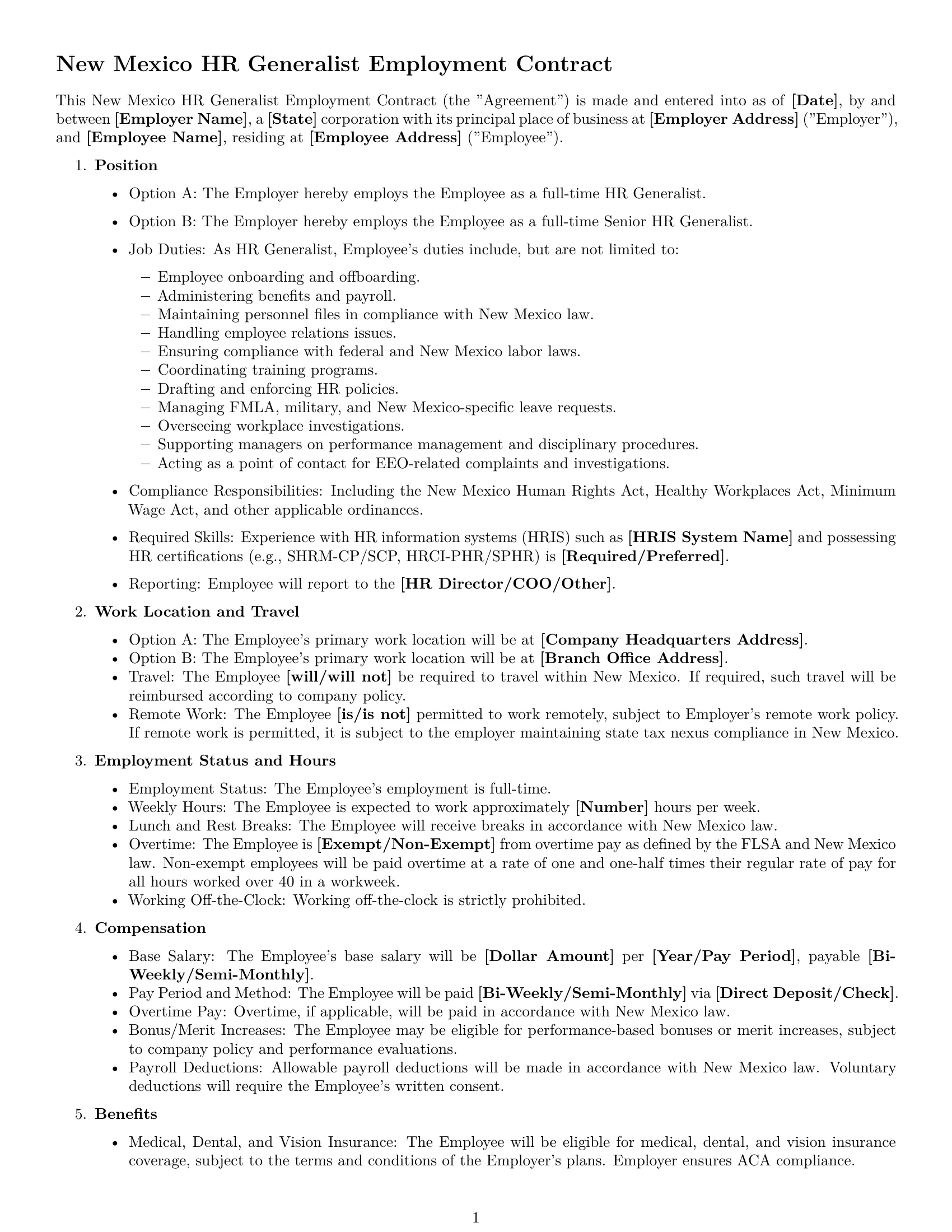 Preview page 1 of Free New Mexico HR generalist employment contract template