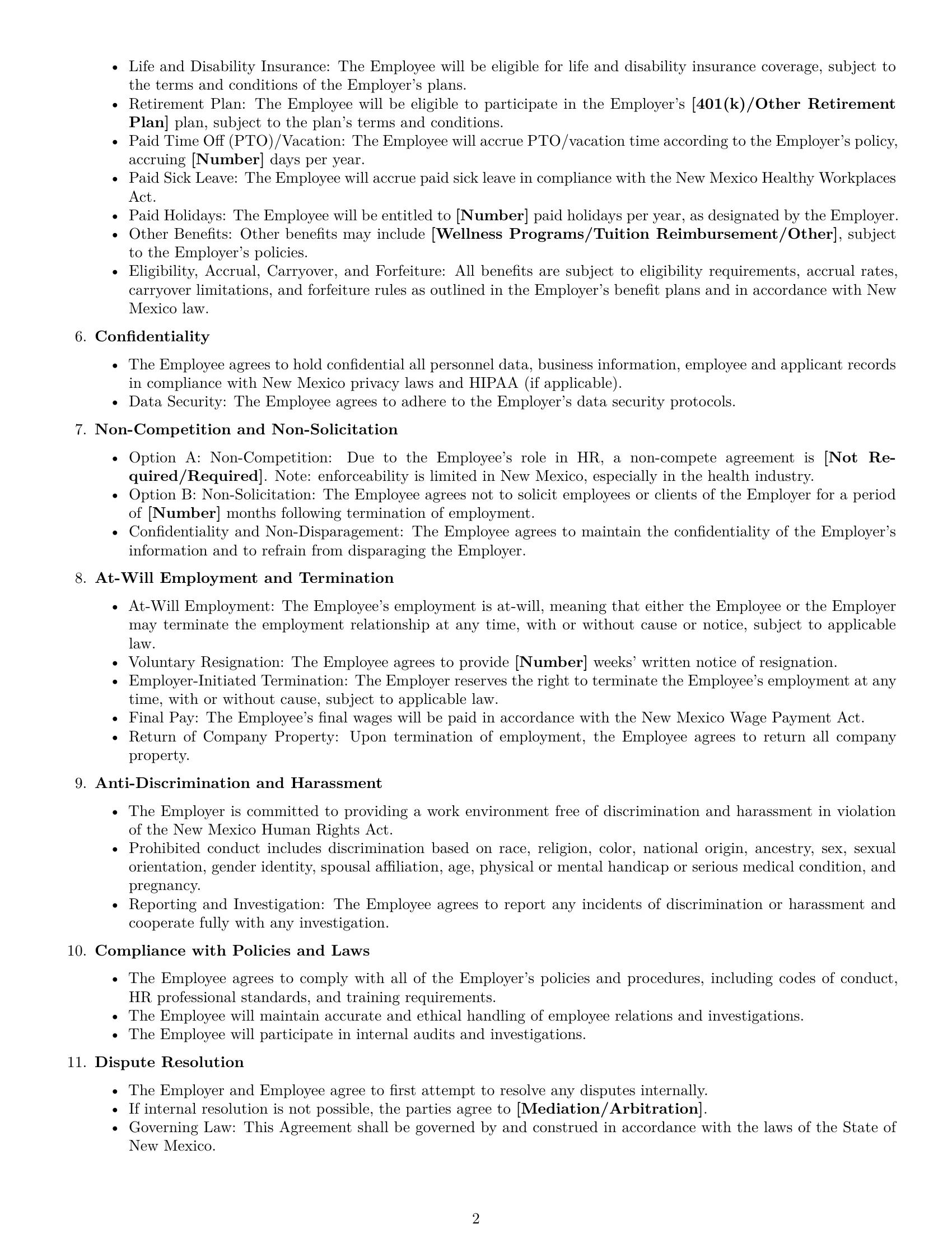 Preview page 2 of Free New Mexico HR generalist employment contract template
