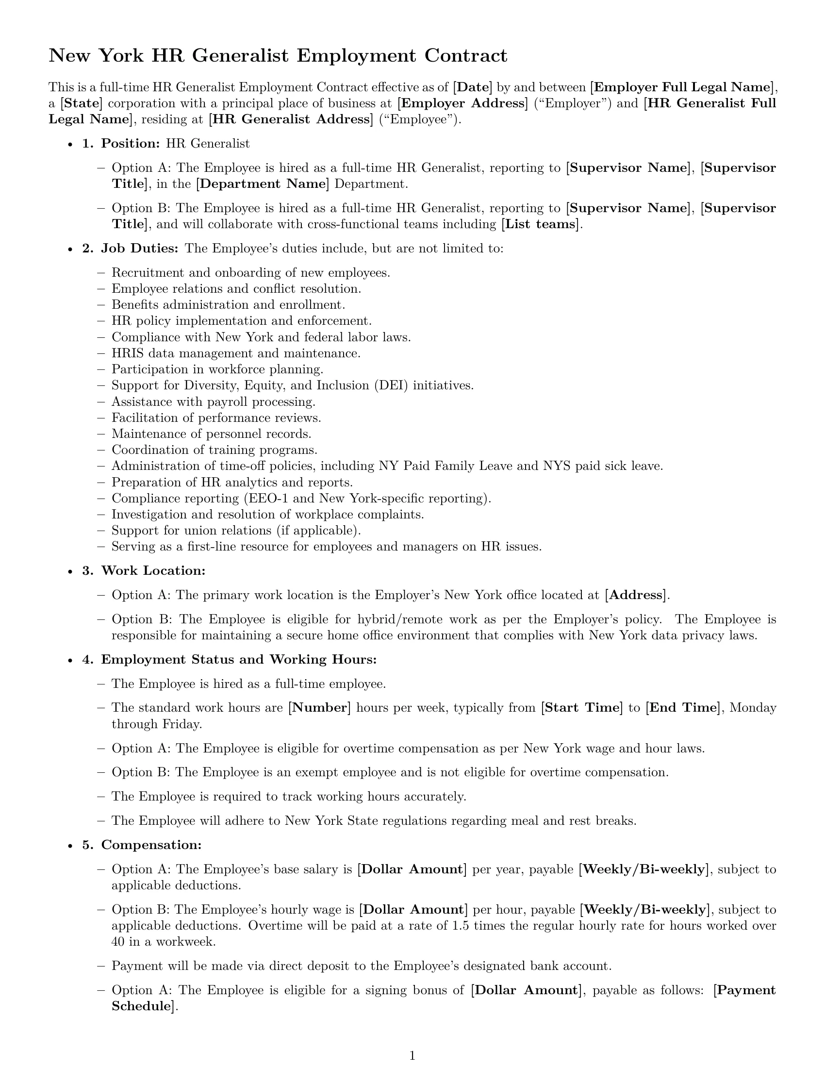 Preview page 1 of Free New York HR generalist employment contract template