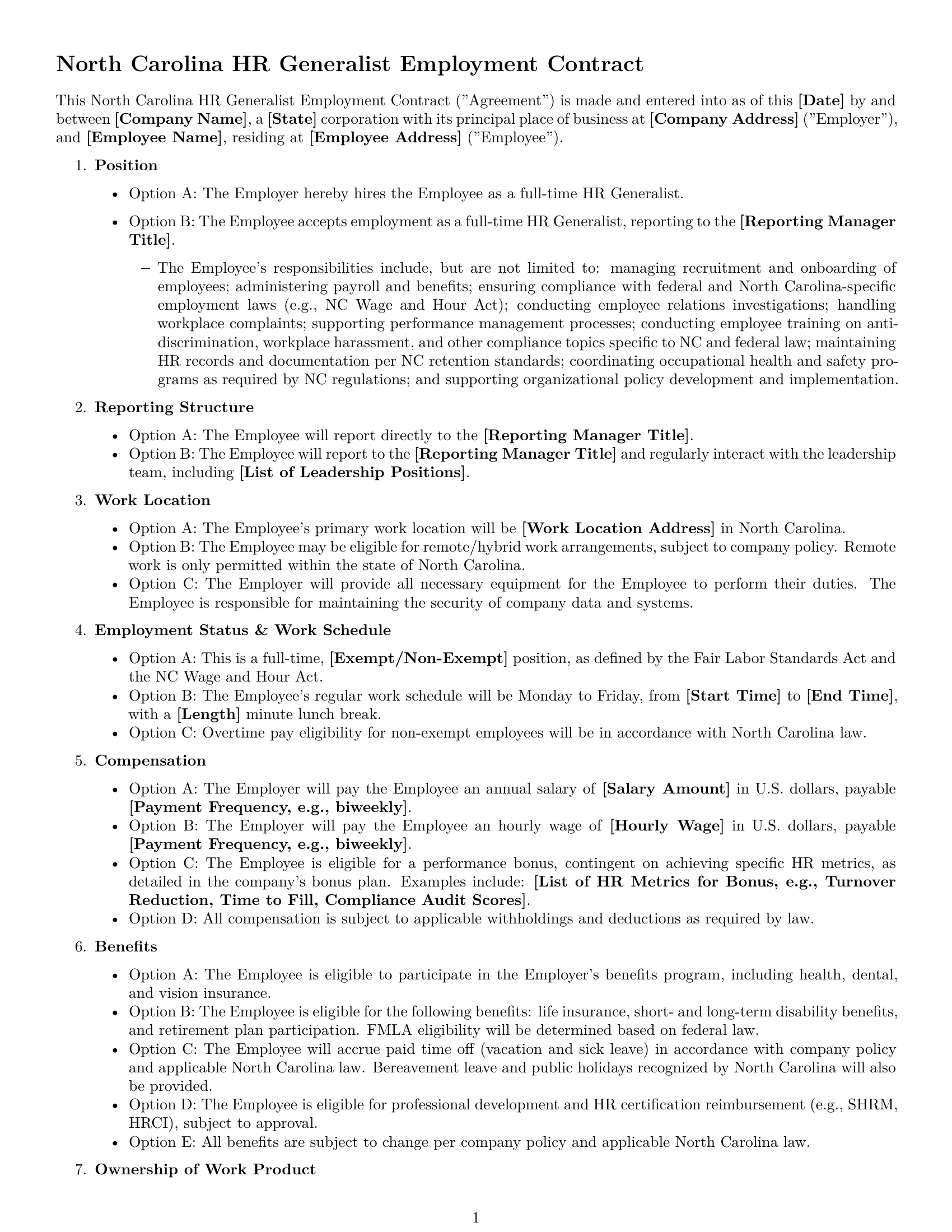 Preview page 1 of Free North Carolina HR generalist employment contract template