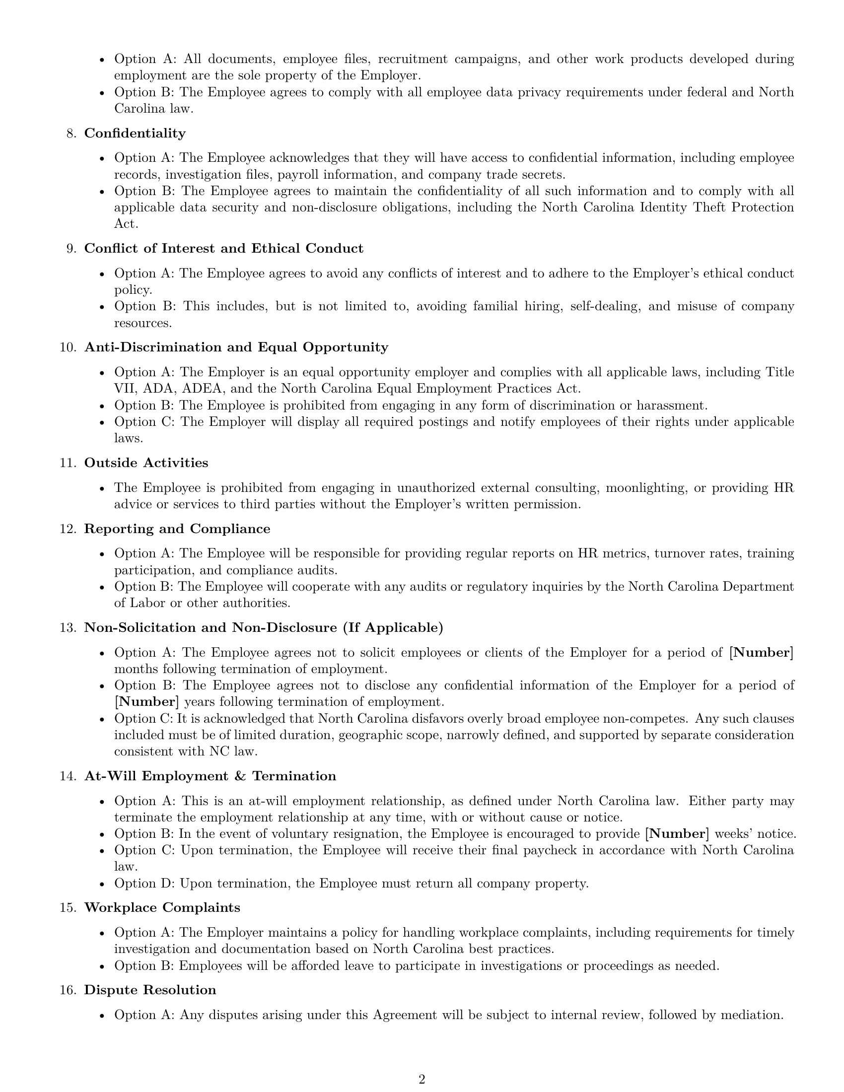 Preview page 2 of Free North Carolina HR generalist employment contract template