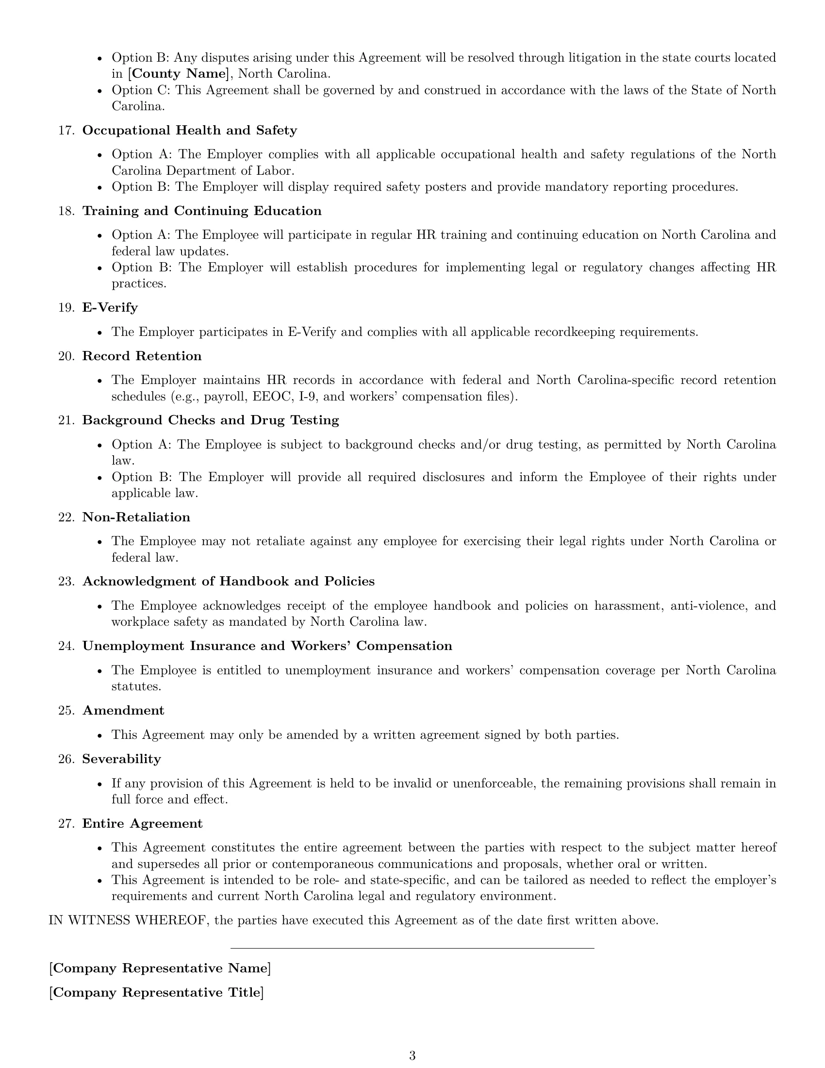 Preview page 3 of Free North Carolina HR generalist employment contract template