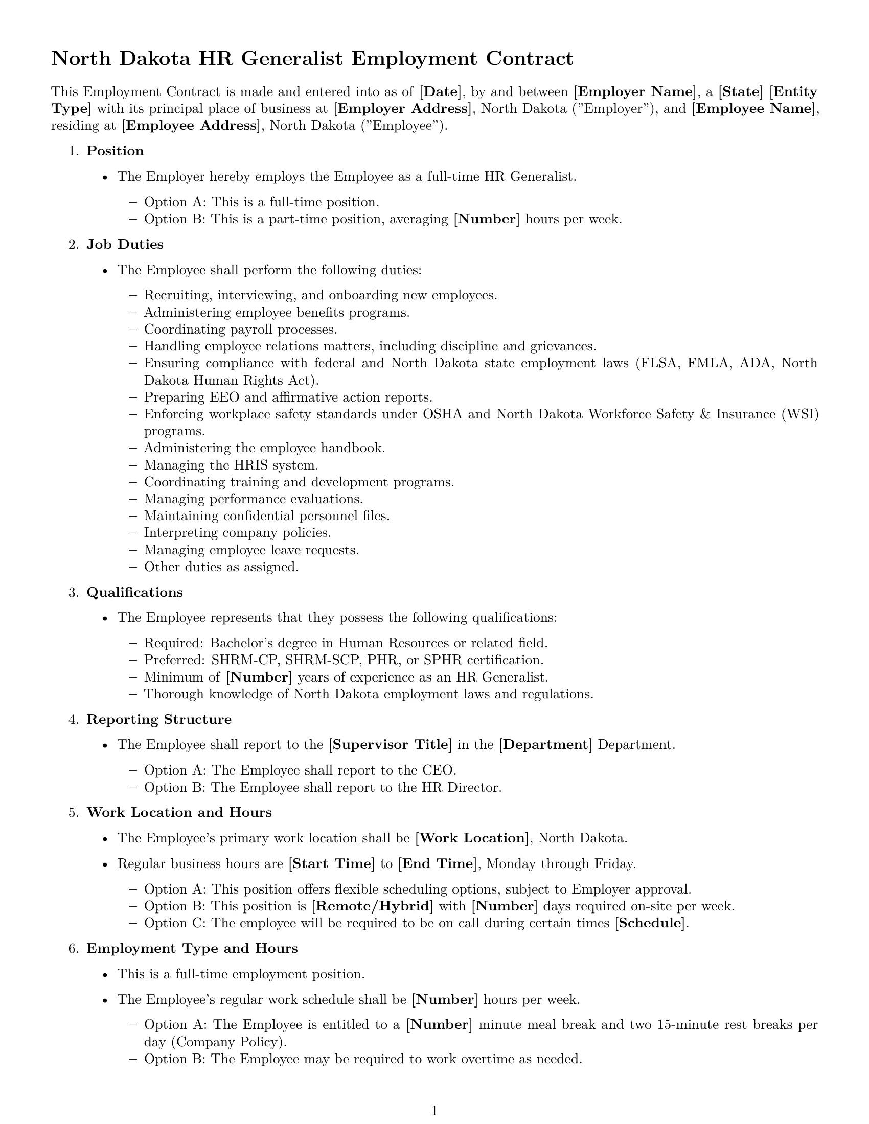 Preview page 1 of Free North Dakota HR generalist employment contract template