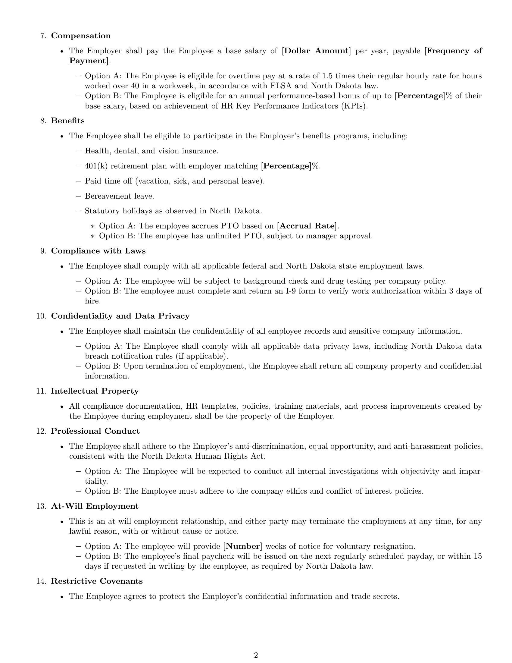Preview page 2 of Free North Dakota HR generalist employment contract template