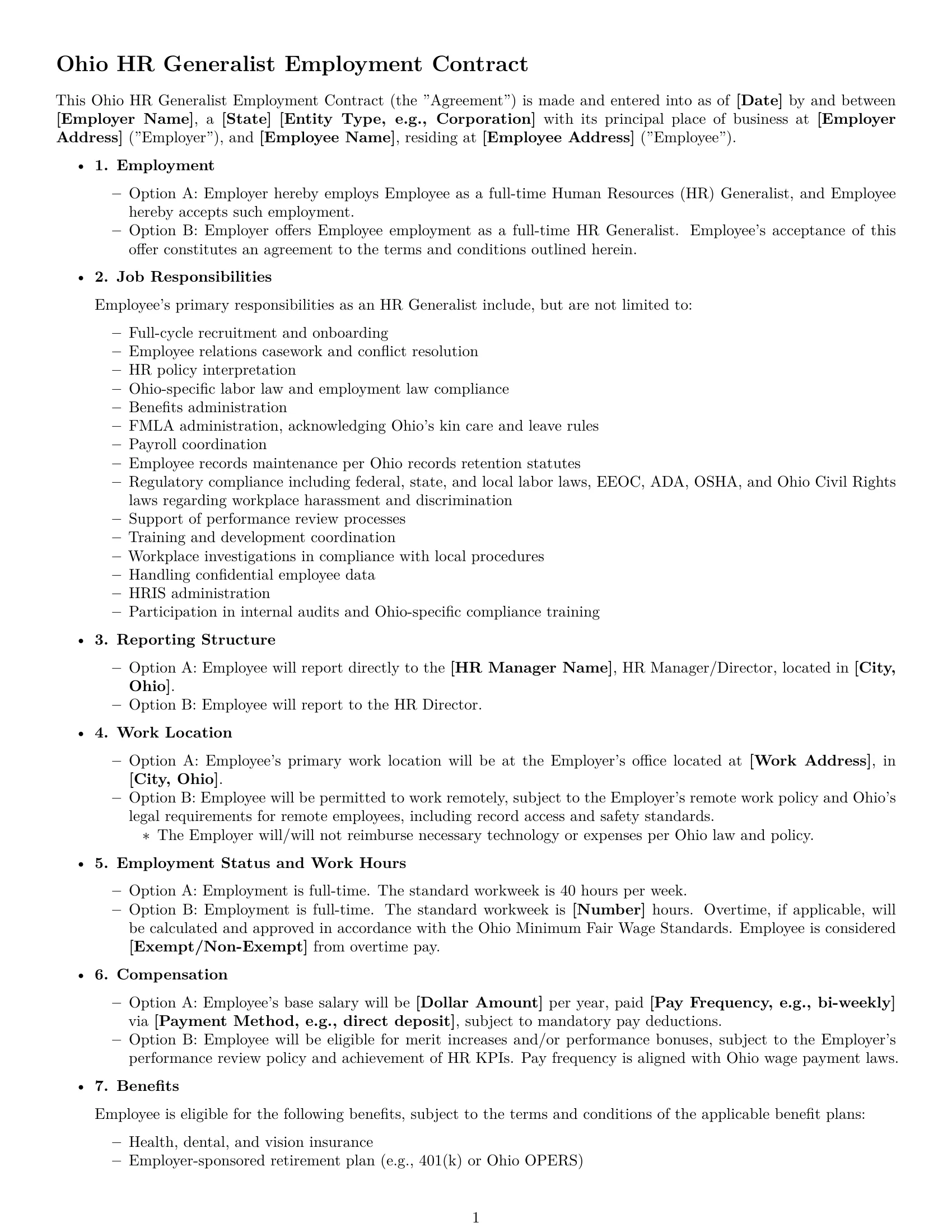 Preview page 1 of Free Ohio HR generalist employment contract template