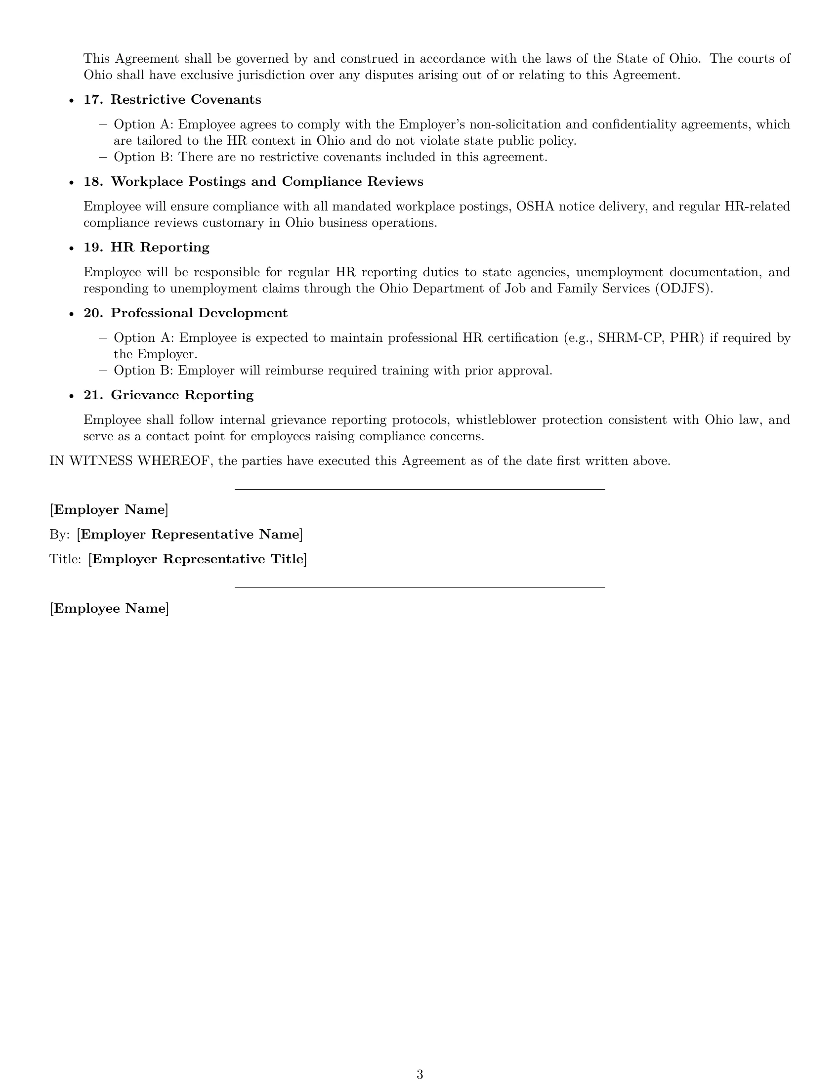 Preview page 3 of Free Ohio HR generalist employment contract template