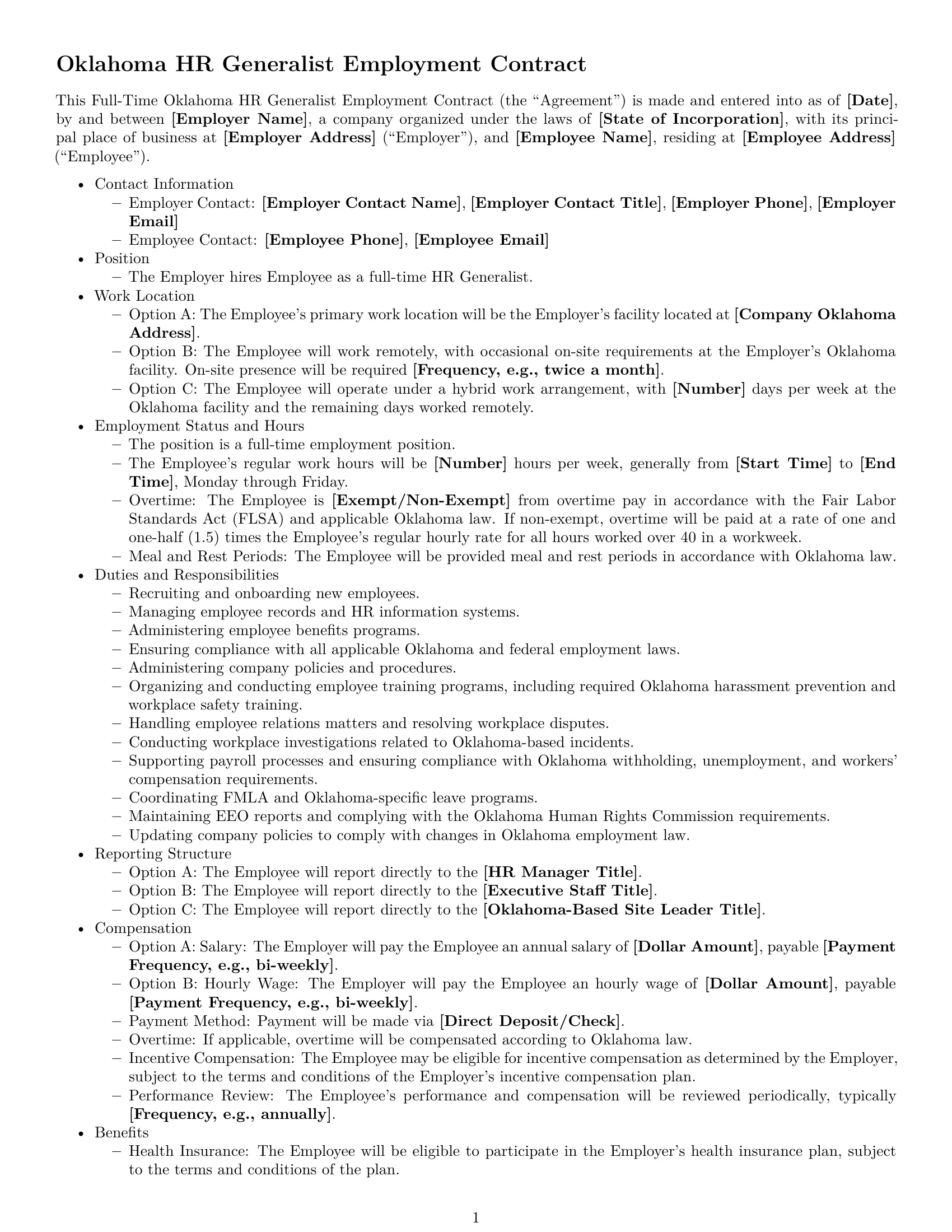Preview page 1 of Free Oklahoma HR generalist employment contract template