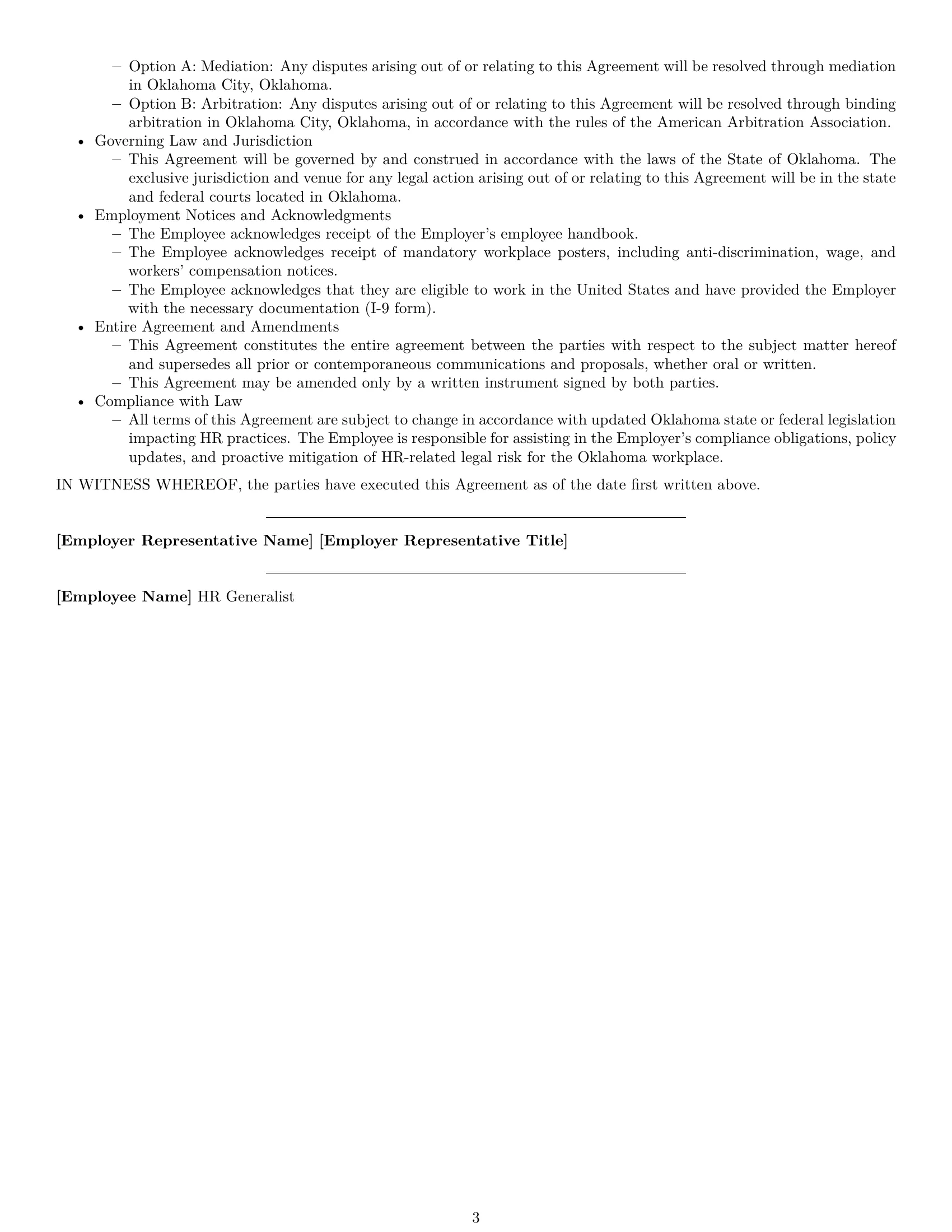 Preview page 3 of Free Oklahoma HR generalist employment contract template