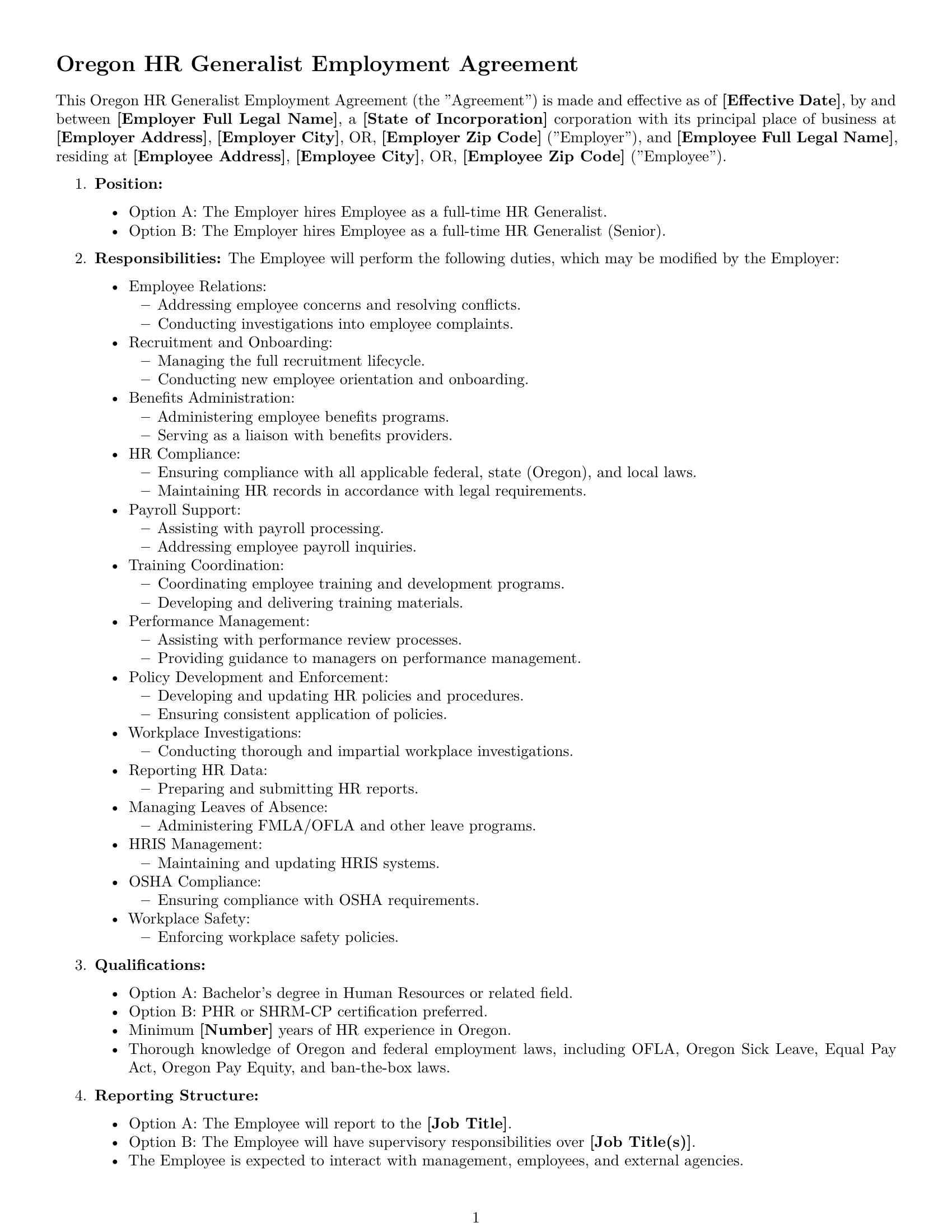 Preview page 1 of Free Oregon HR generalist employment contract template