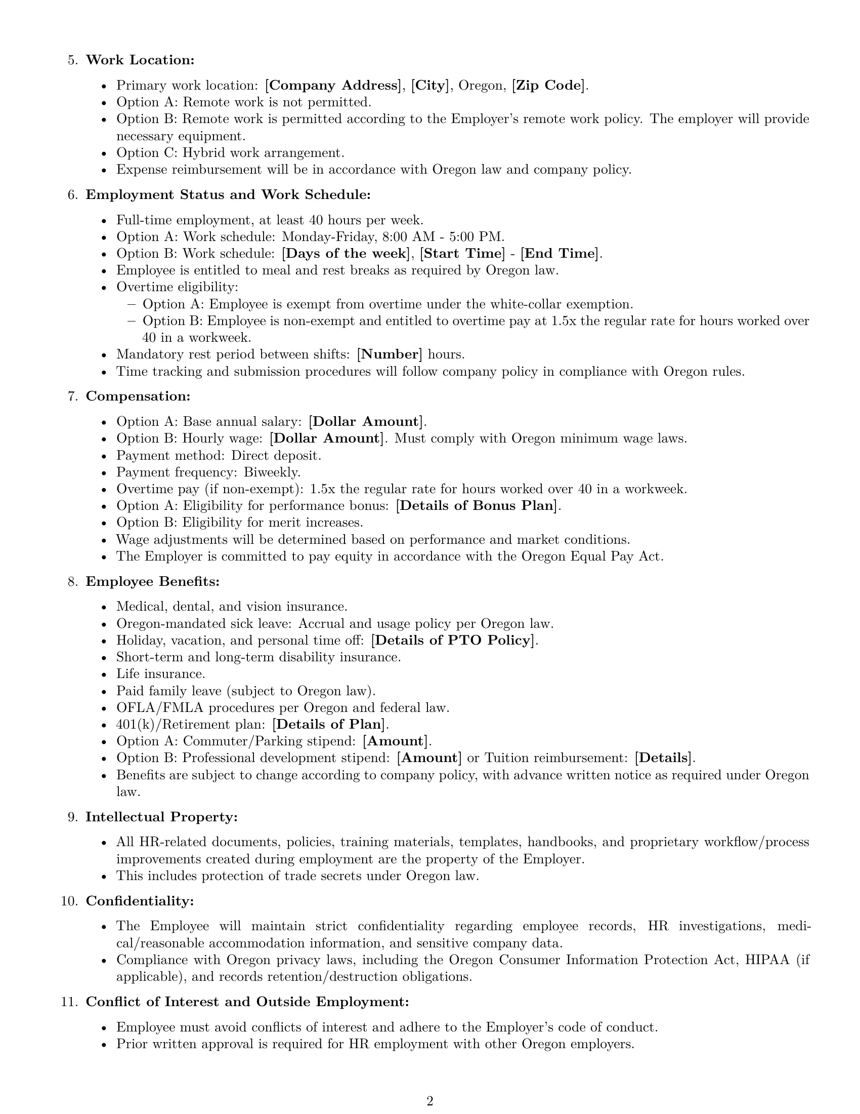 Preview page 2 of Free Oregon HR generalist employment contract template