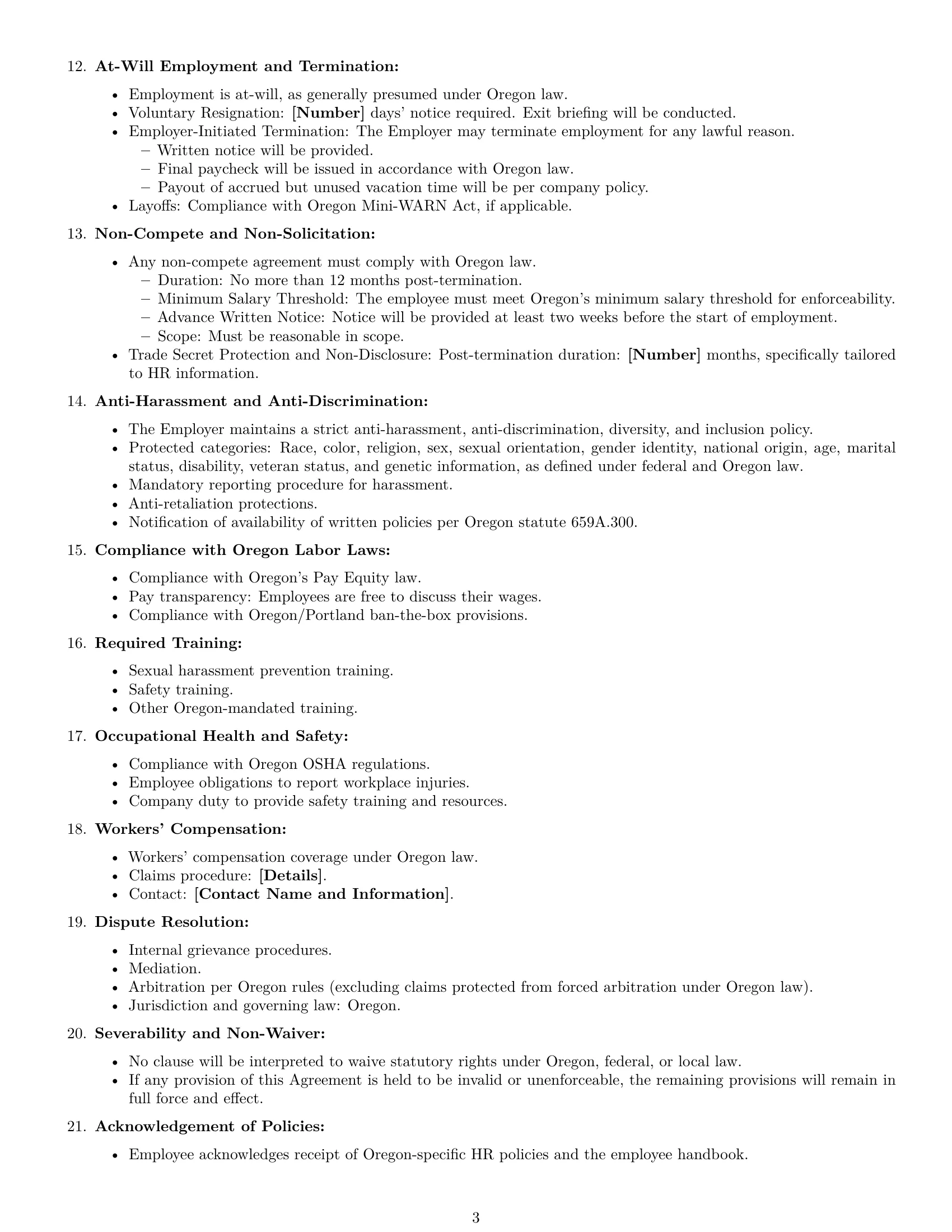 Preview page 3 of Free Oregon HR generalist employment contract template