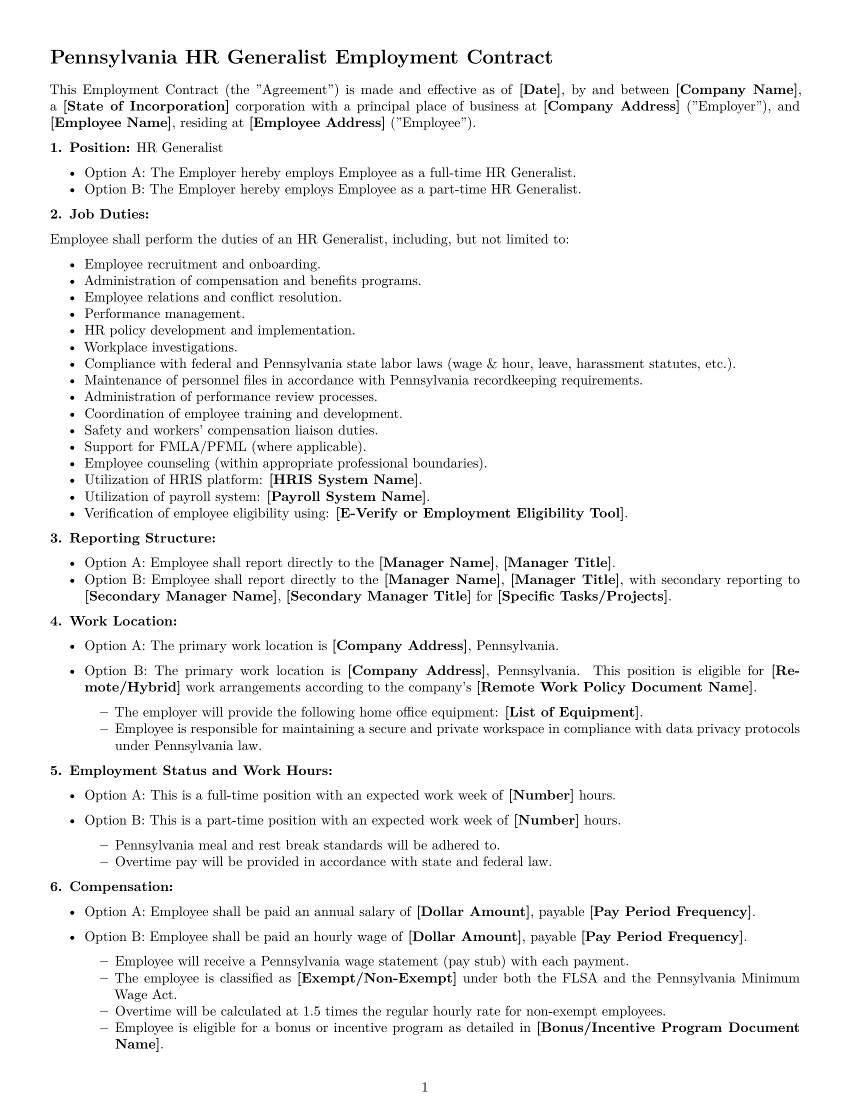 Preview page 1 of Free Pennsylvania HR generalist employment contract template