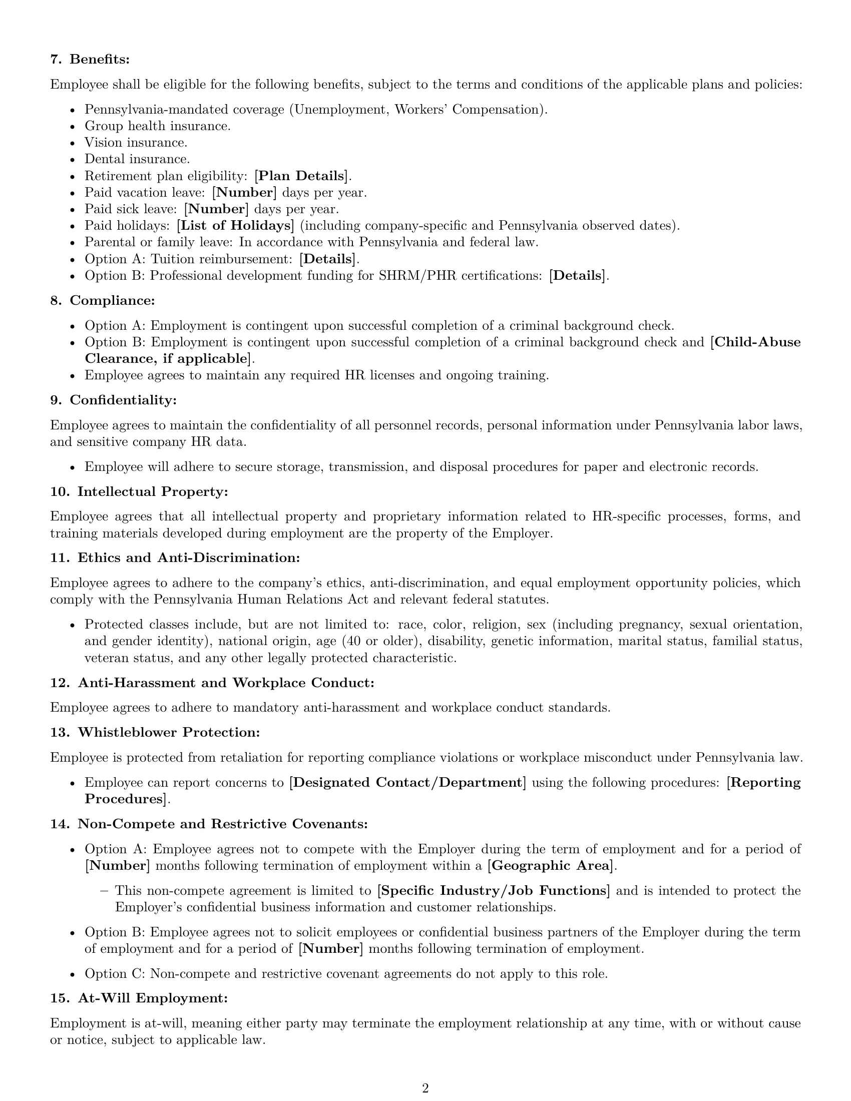 Preview page 2 of Free Pennsylvania HR generalist employment contract template
