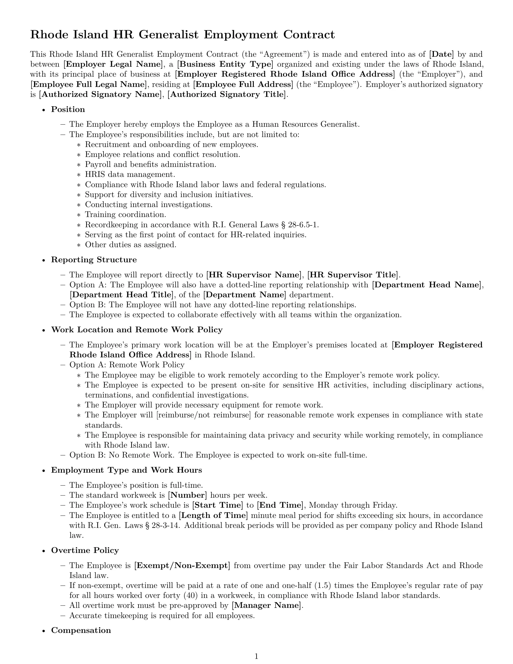 Preview page 1 of Free Rhode Island HR generalist employment contract template