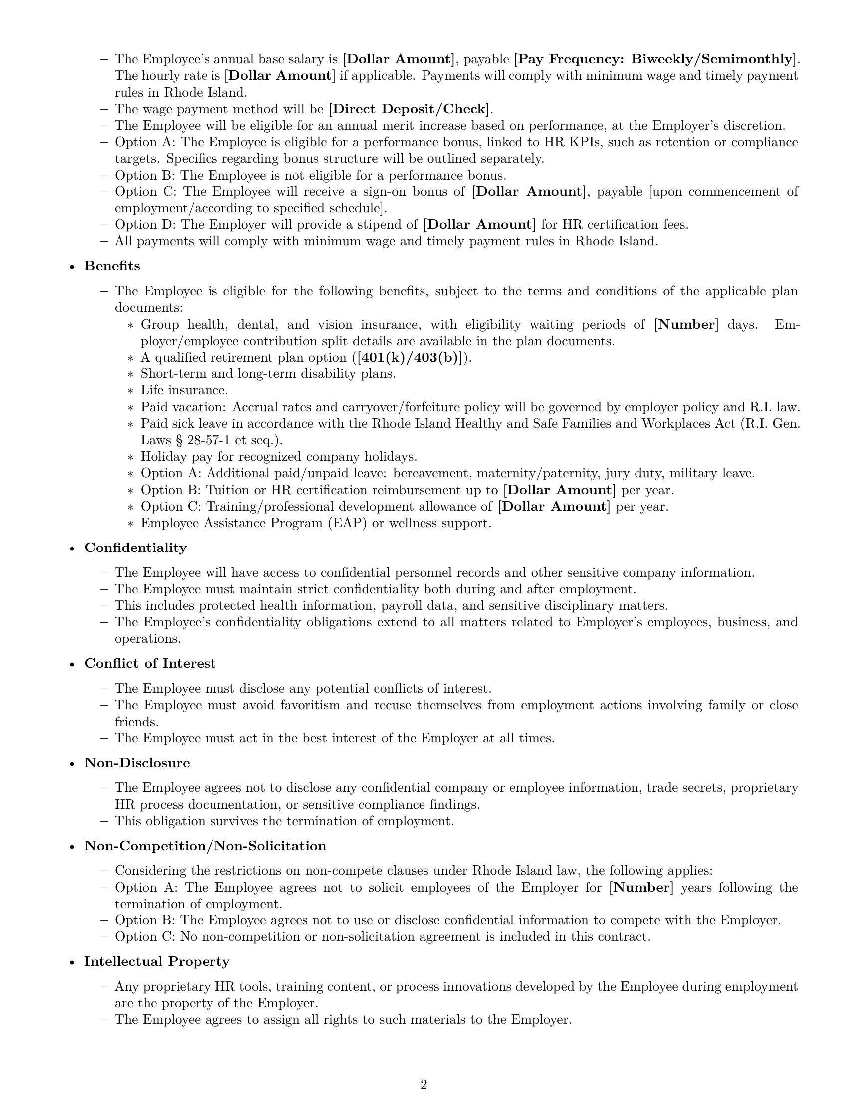 Preview page 2 of Free Rhode Island HR generalist employment contract template