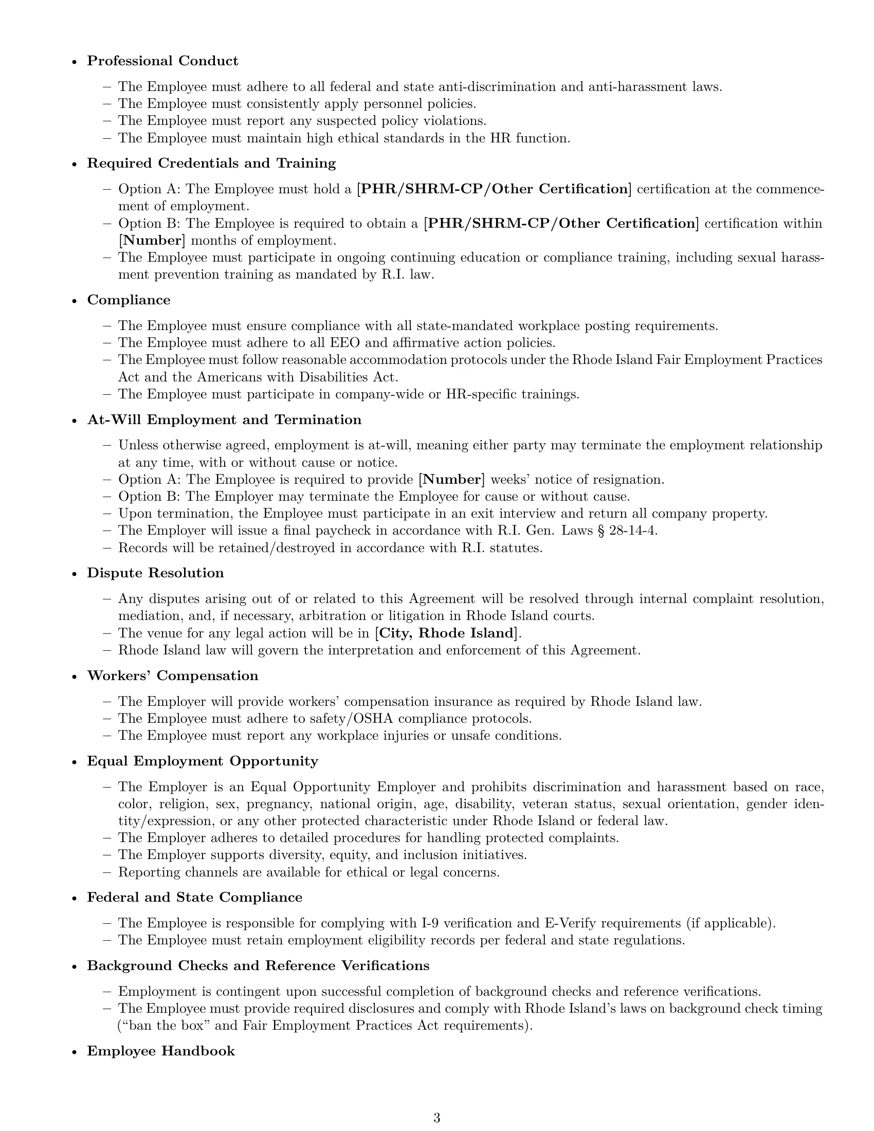 Preview page 3 of Free Rhode Island HR generalist employment contract template