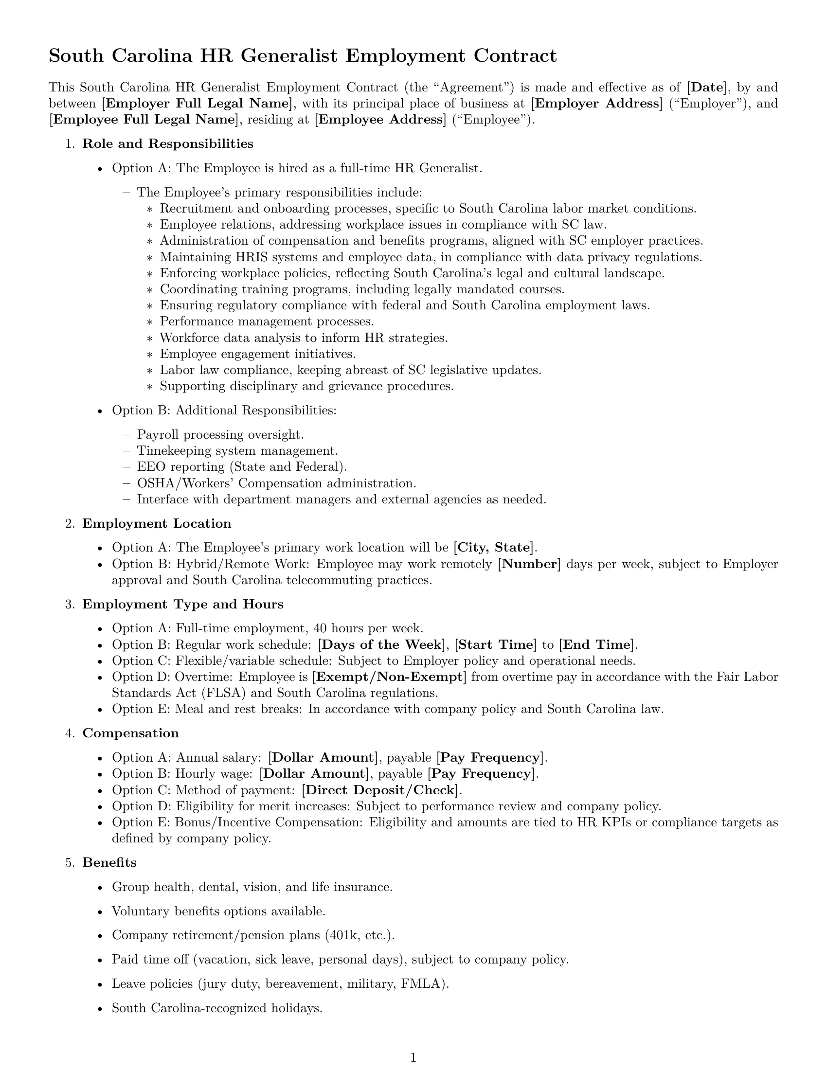 Preview page 1 of Free South Carolina HR generalist employment contract template