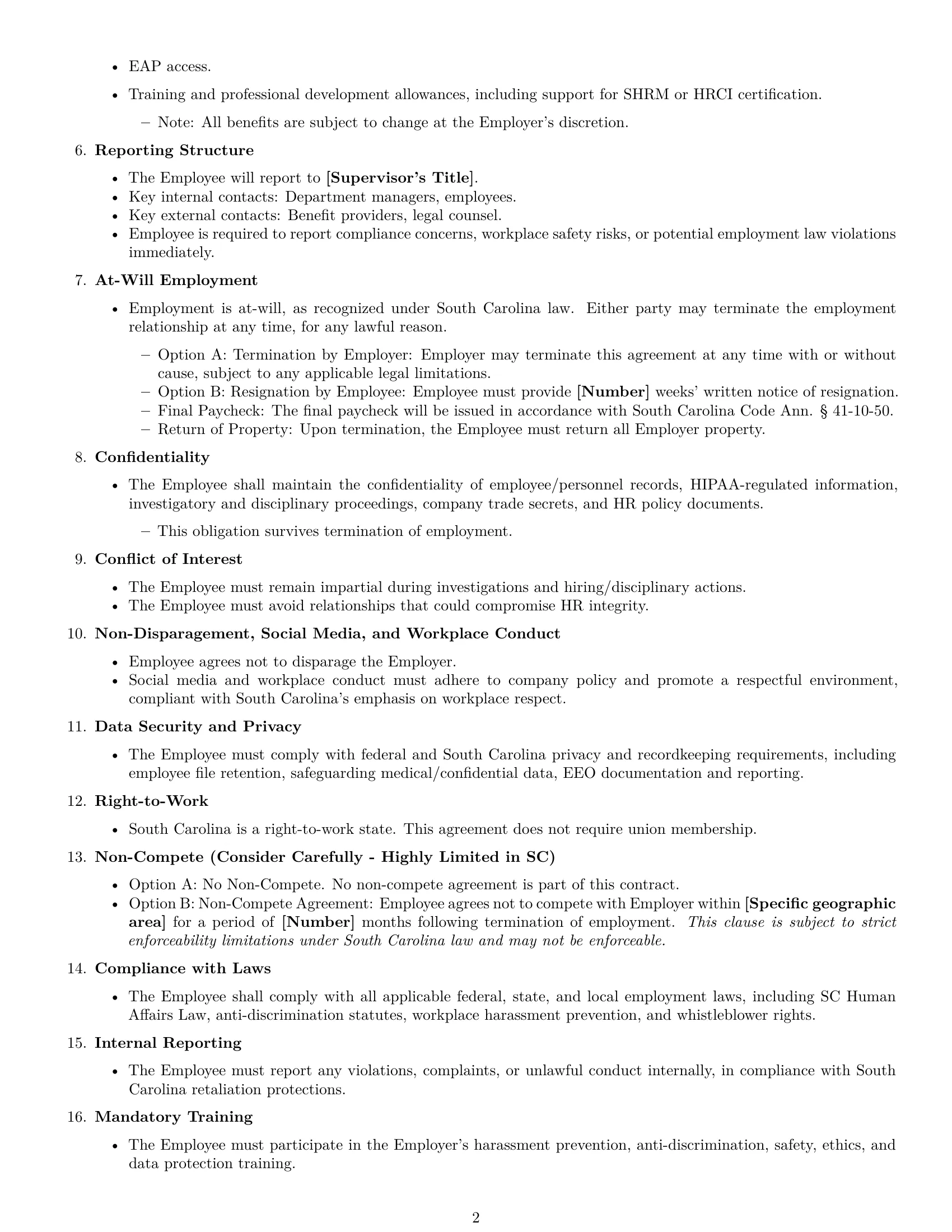 Preview page 2 of Free South Carolina HR generalist employment contract template