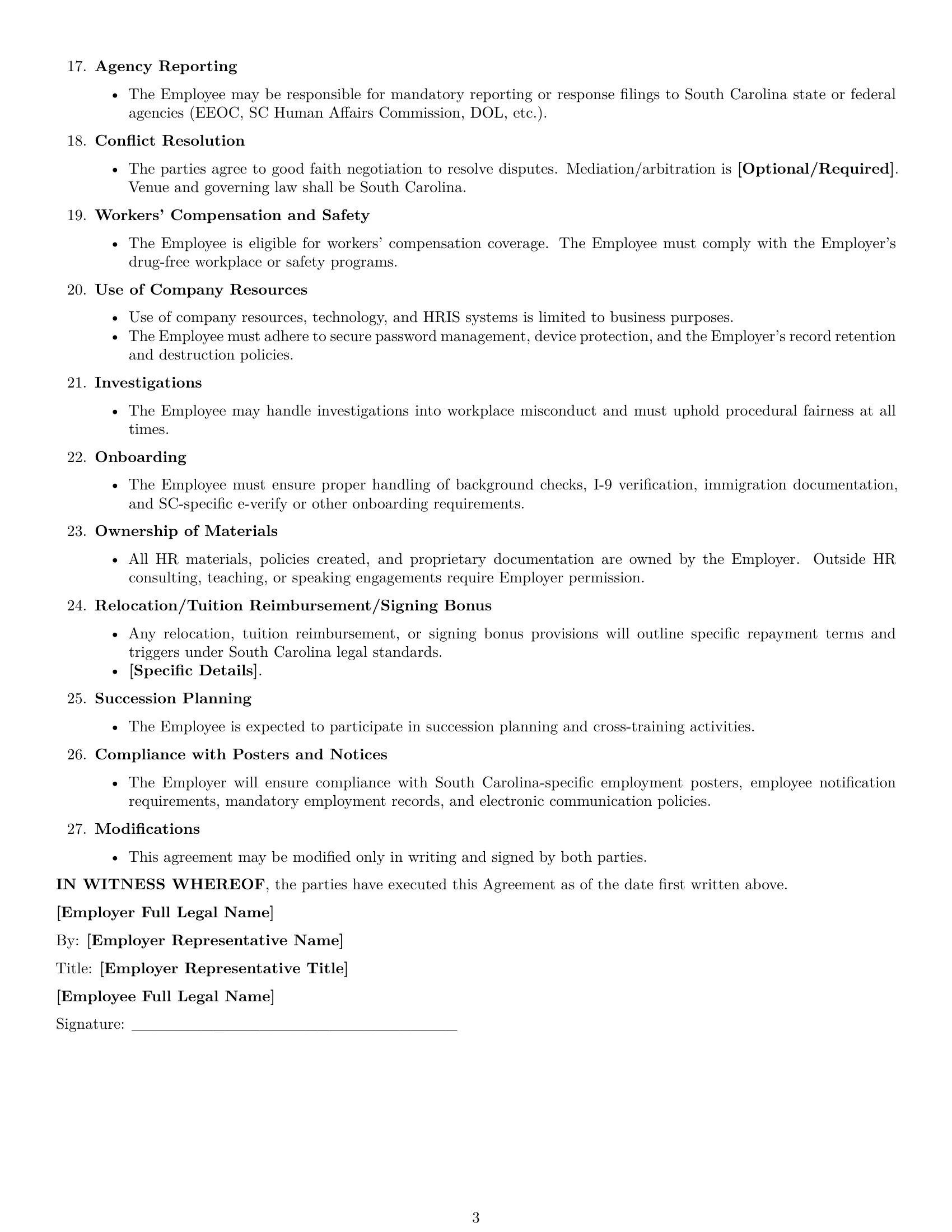Preview page 3 of Free South Carolina HR generalist employment contract template
