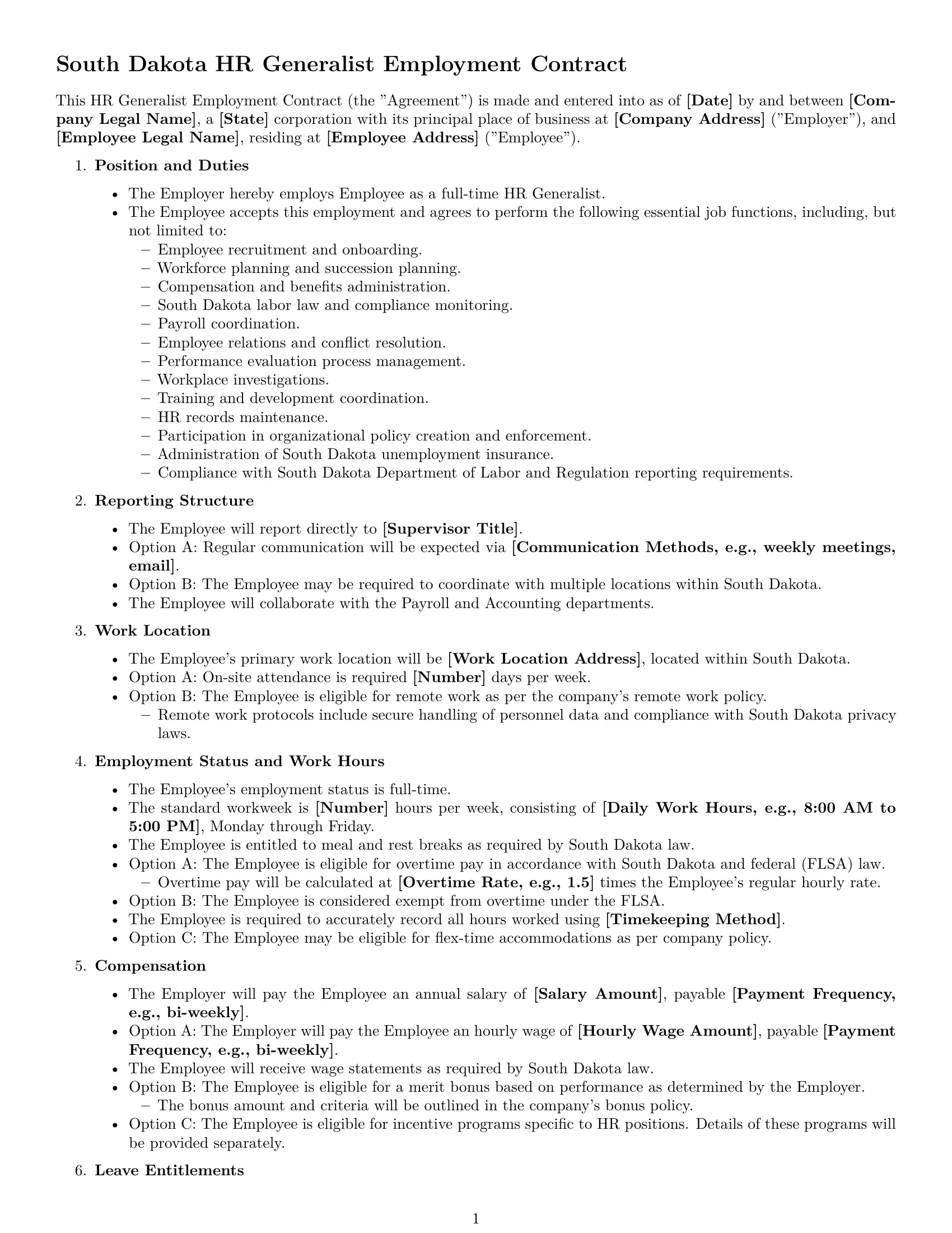Preview page 1 of Free South Dakota HR generalist employment contract template