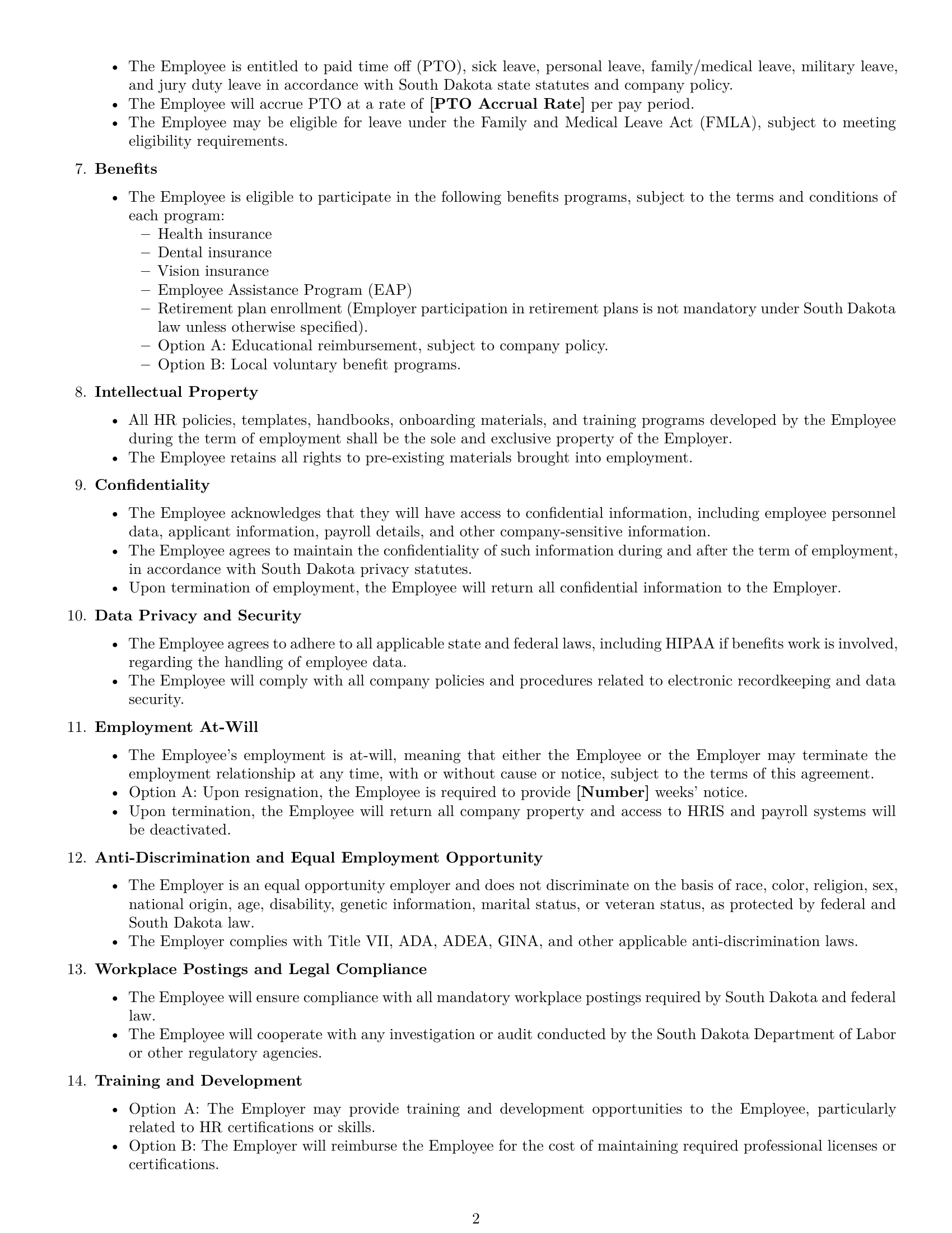 Preview page 2 of Free South Dakota HR generalist employment contract template