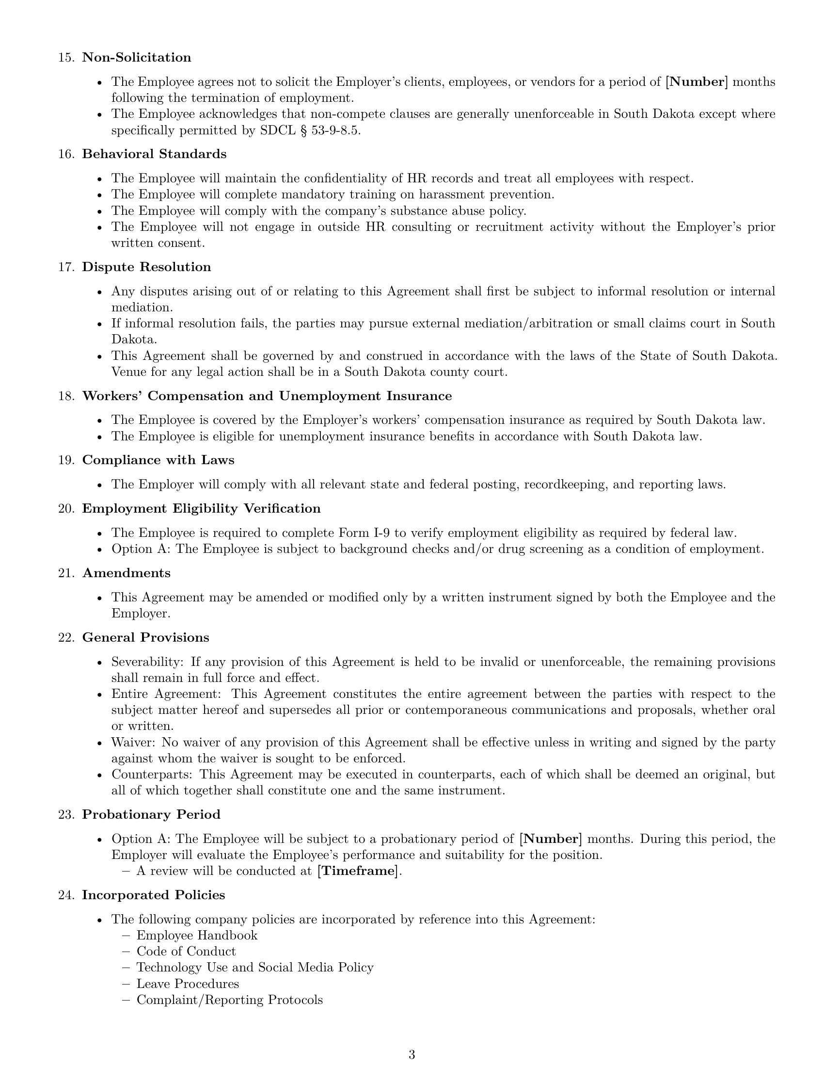 Preview page 3 of Free South Dakota HR generalist employment contract template