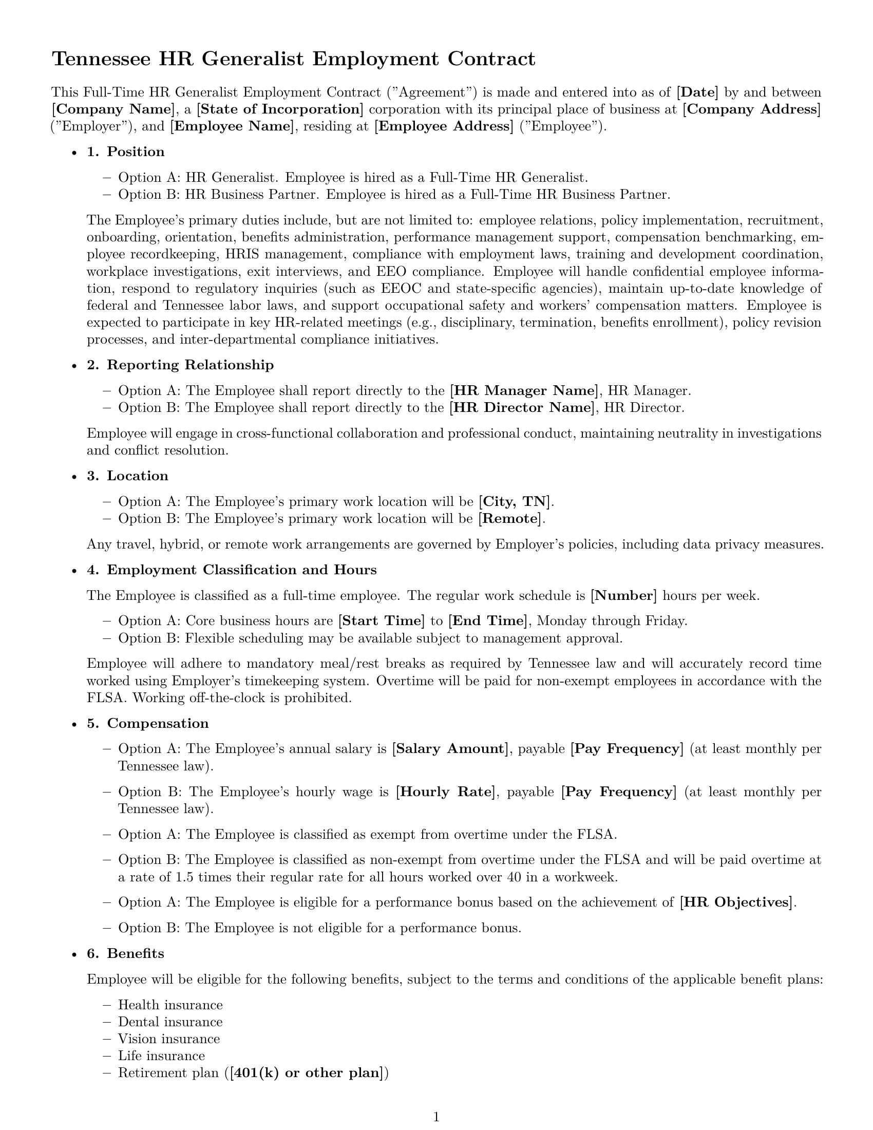 Preview page 1 of Free Tennessee HR generalist employment contract template