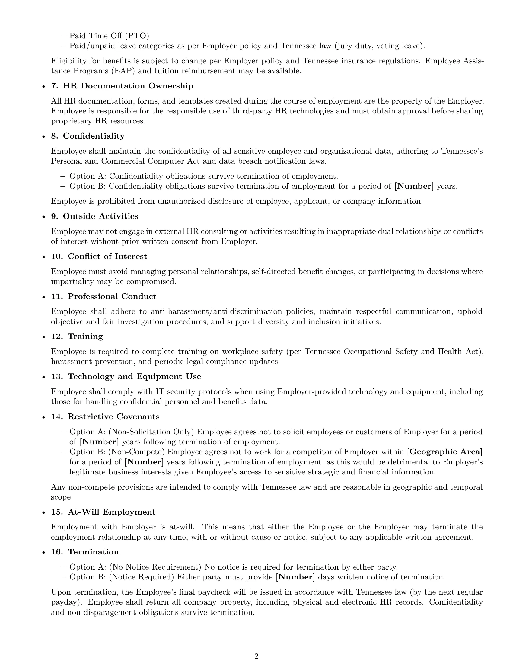 Preview page 2 of Free Tennessee HR generalist employment contract template