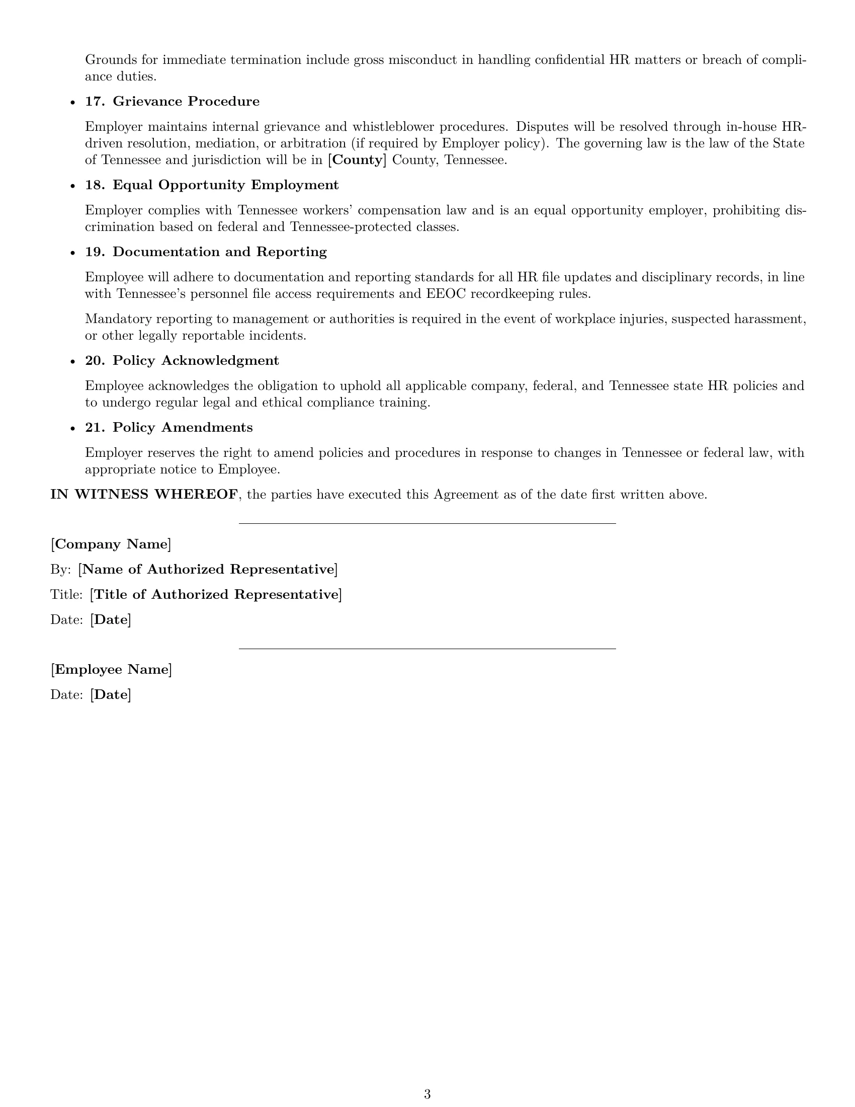 Preview page 3 of Free Tennessee HR generalist employment contract template