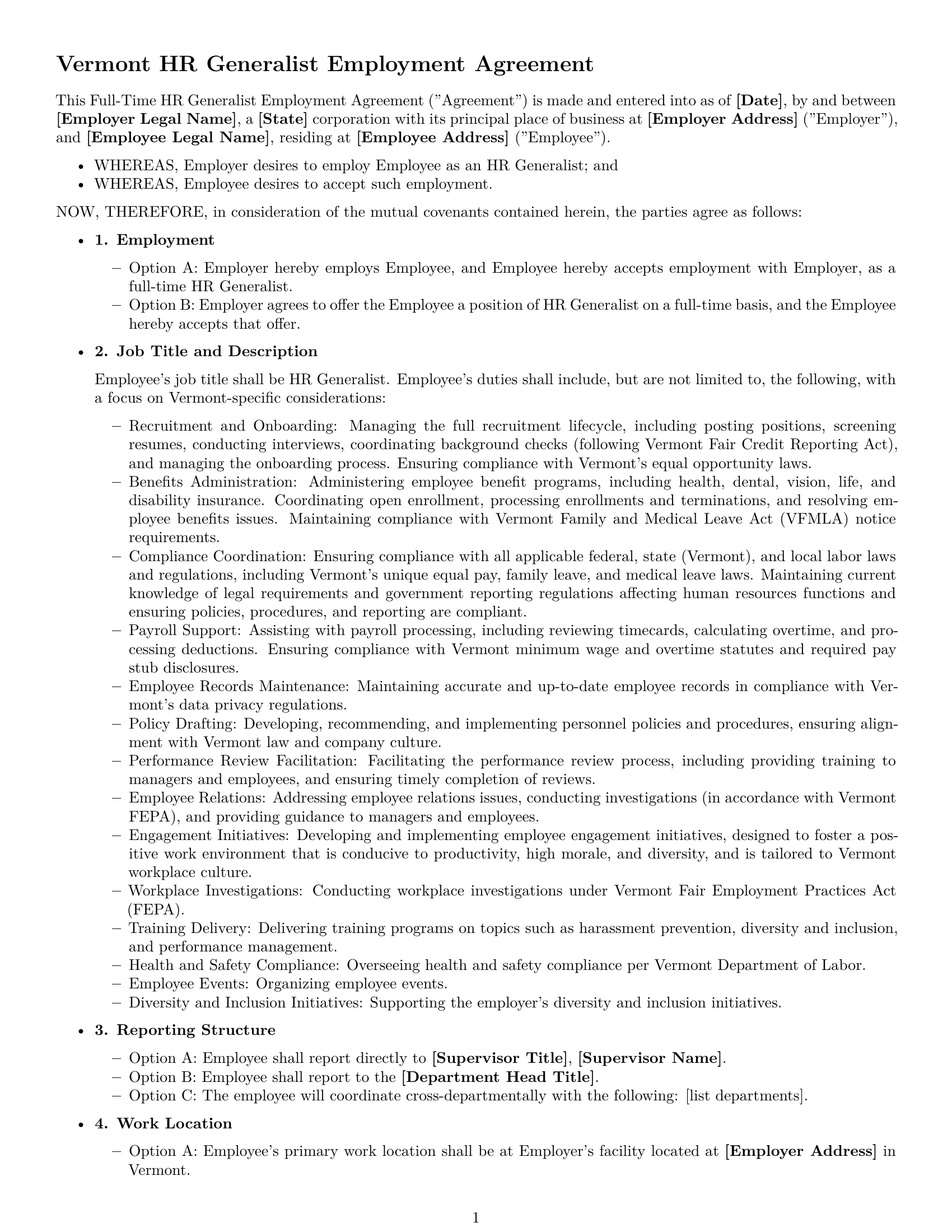 Preview page 1 of Free Vermont HR generalist employment contract template