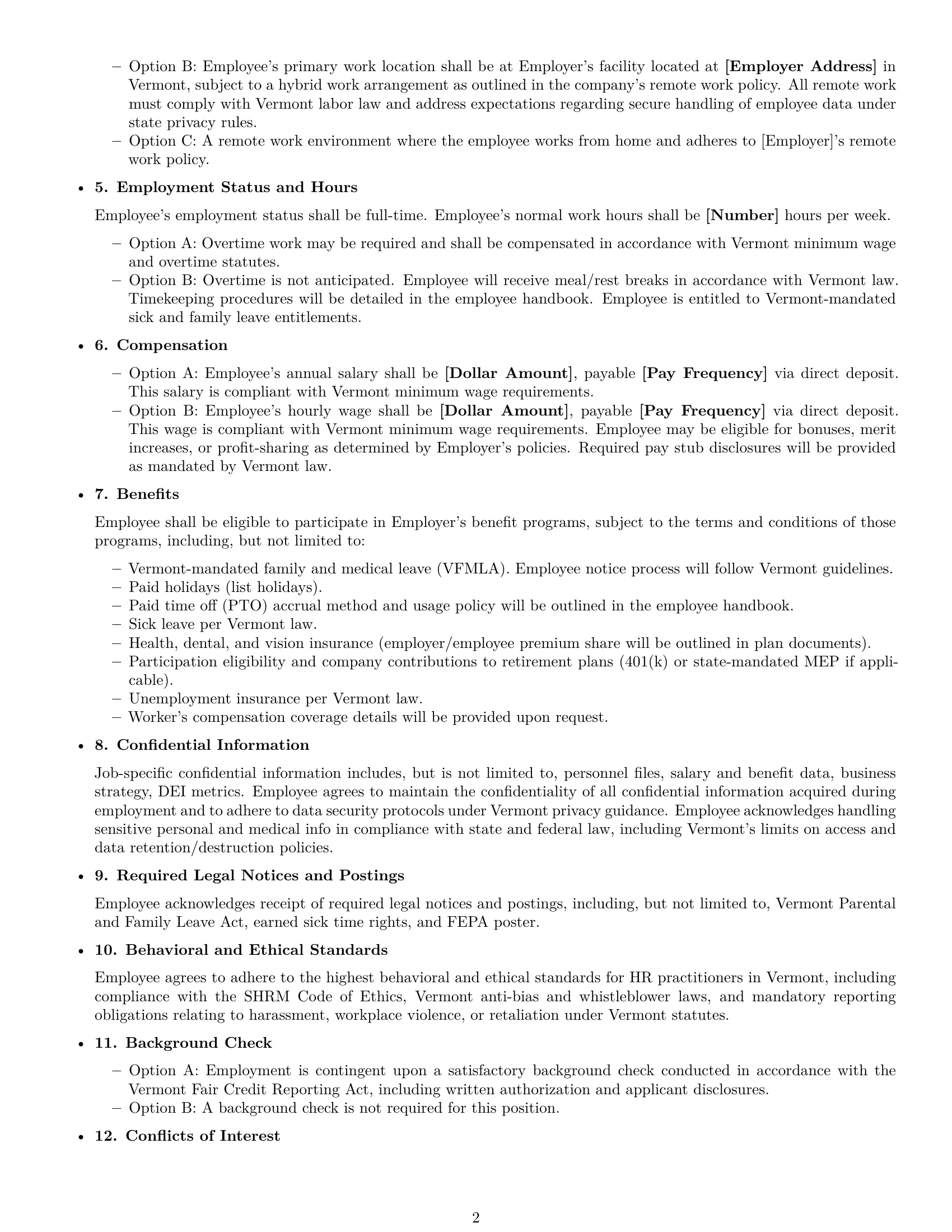 Preview page 2 of Free Vermont HR generalist employment contract template