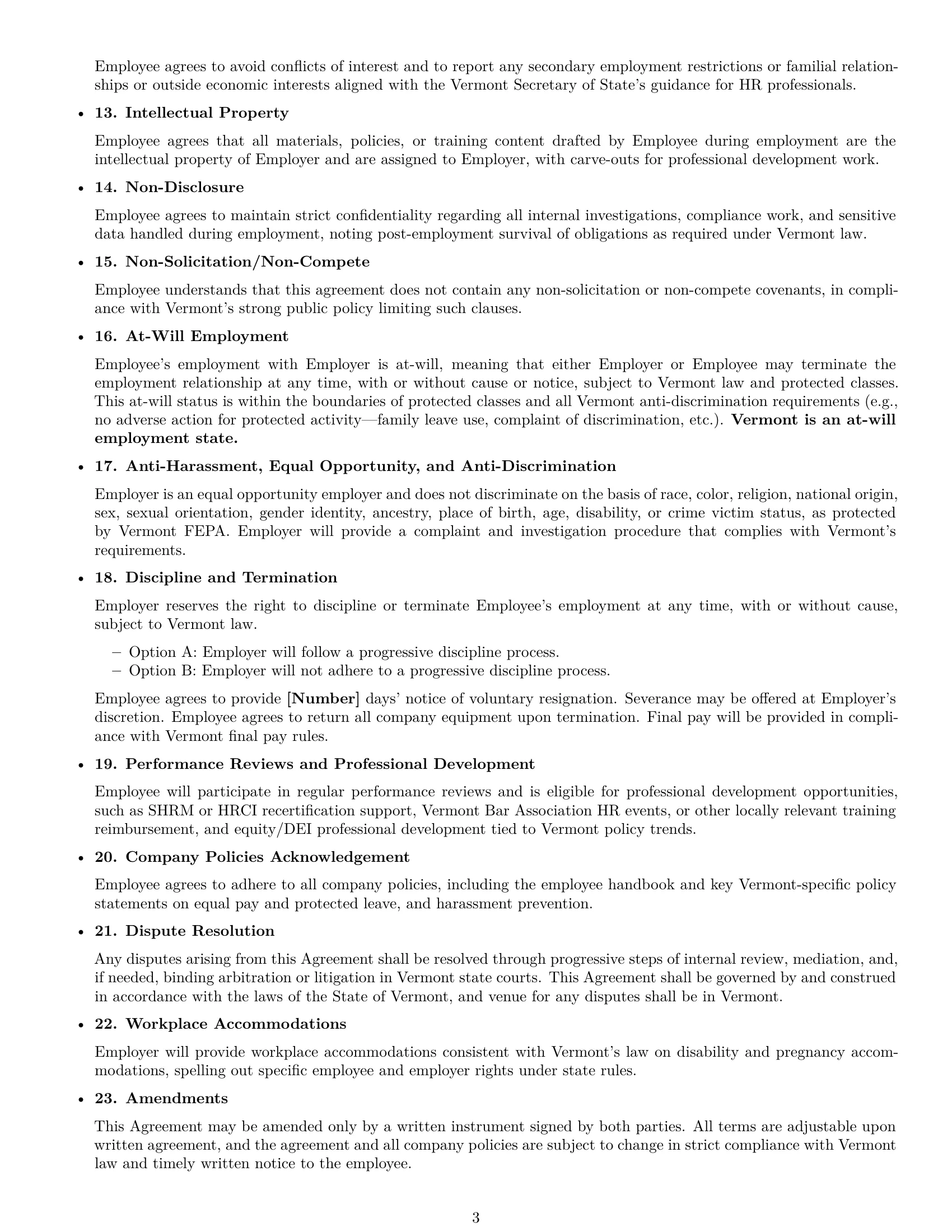 Preview page 3 of Free Vermont HR generalist employment contract template