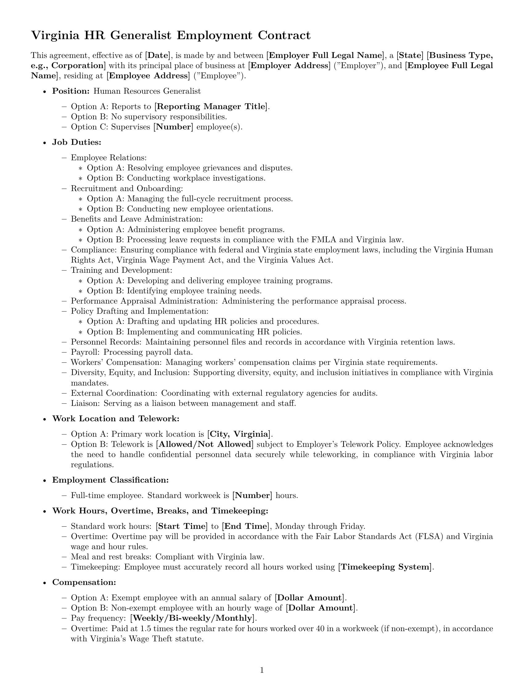 Preview page 1 of Free Virginia HR generalist employment contract template