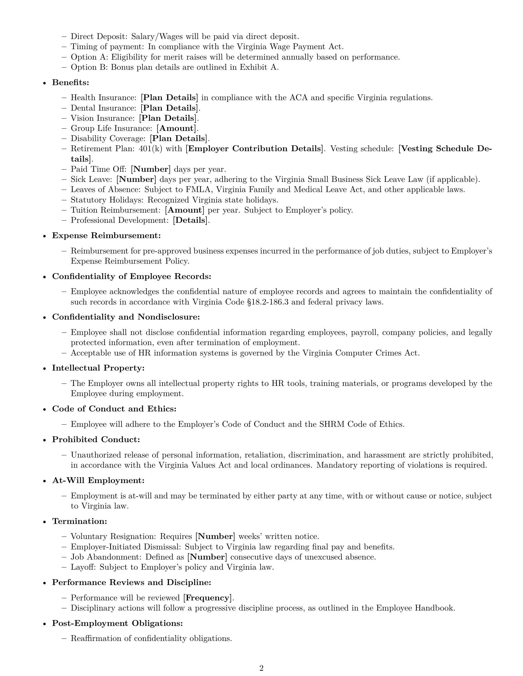 Preview page 2 of Free Virginia HR generalist employment contract template