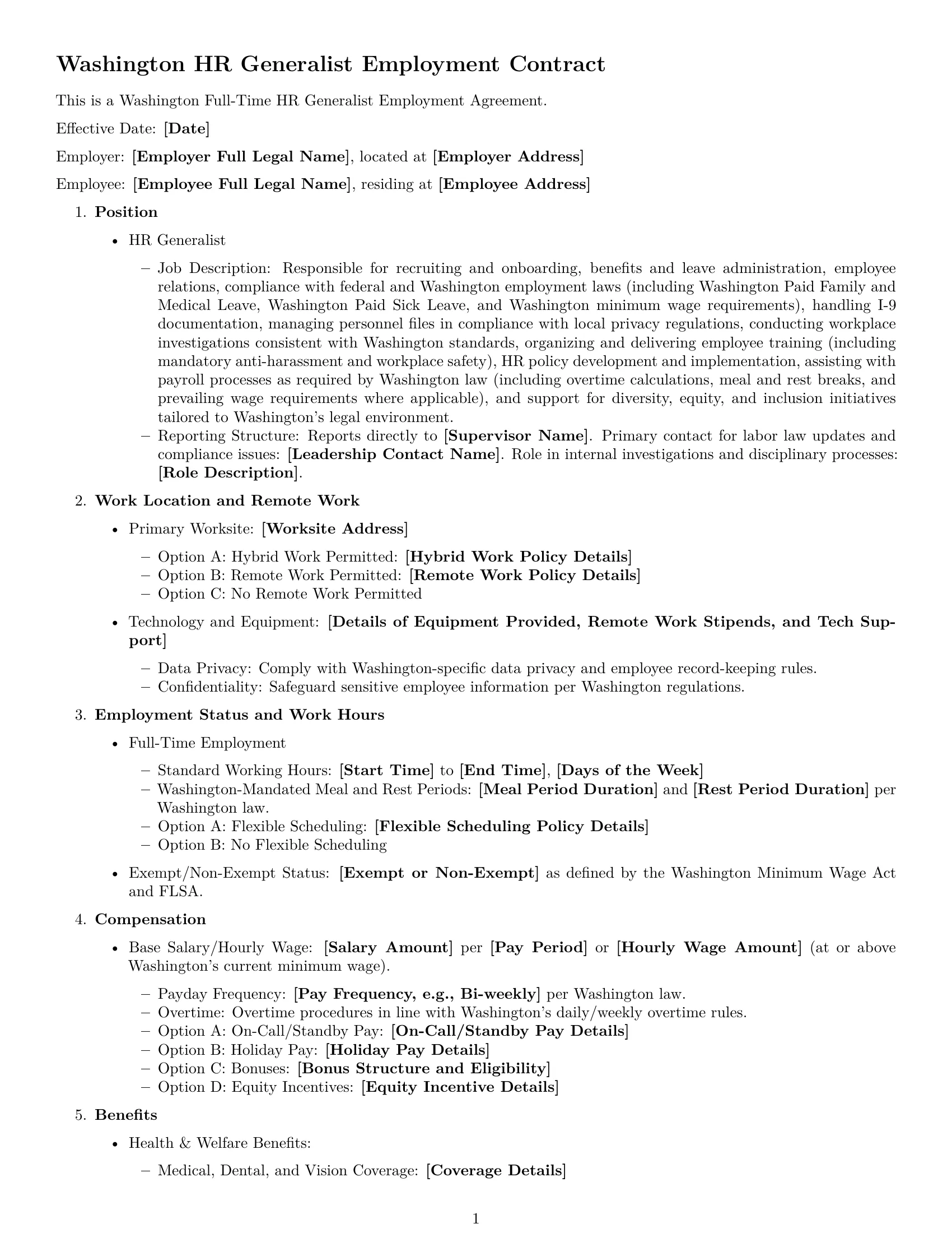 Preview page 1 of Free Washington HR generalist employment contract template