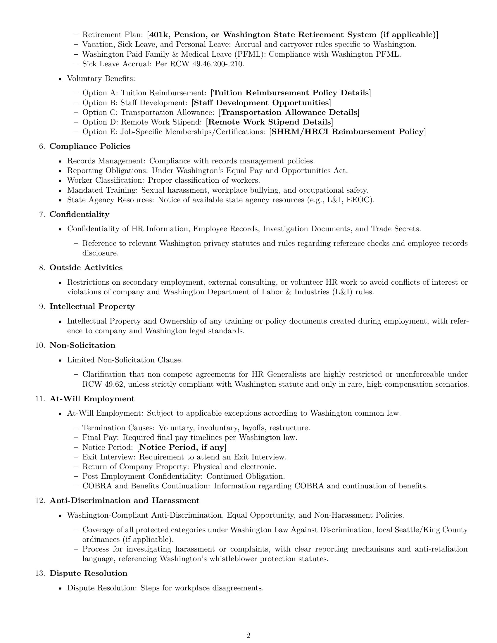 Preview page 2 of Free Washington HR generalist employment contract template