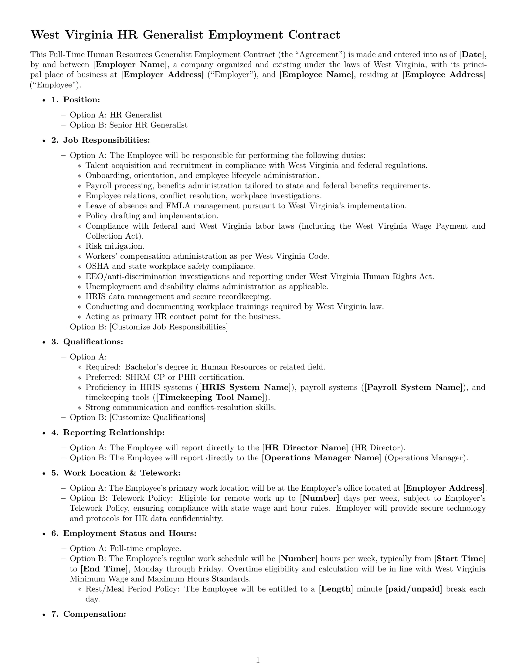 Preview page 1 of Free West Virginia HR generalist employment contract template