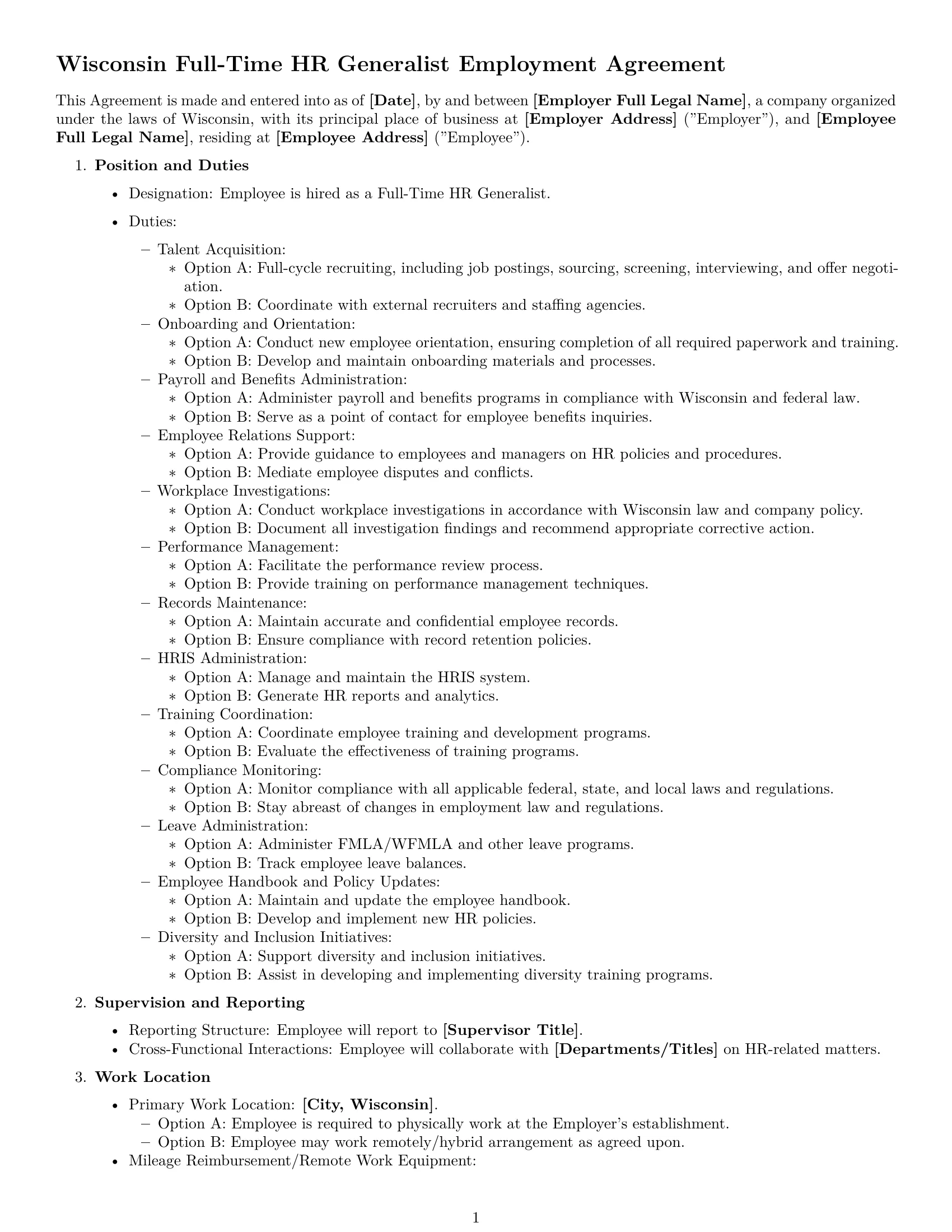 Preview page 1 of Free Wisconsin HR generalist employment contract template