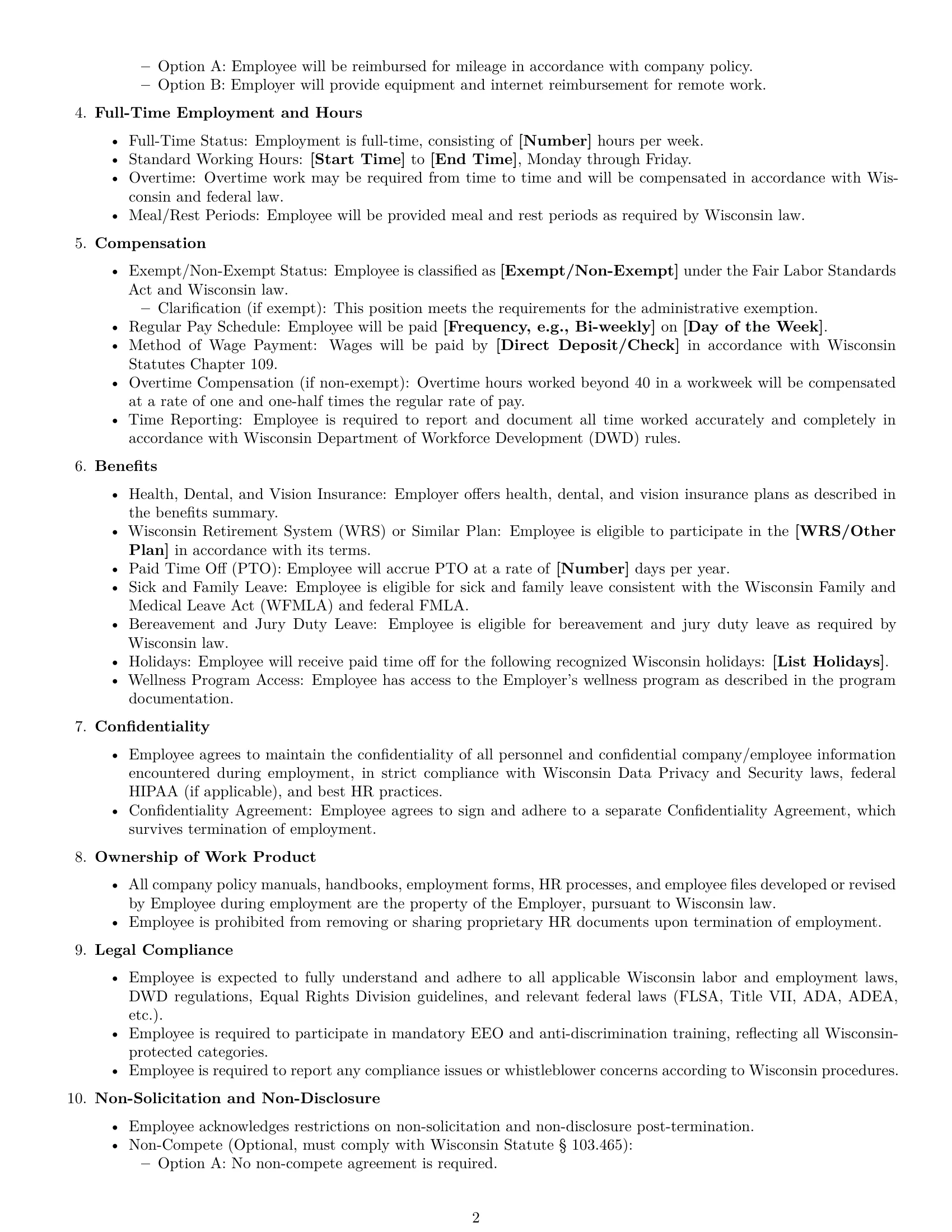 Preview page 2 of Free Wisconsin HR generalist employment contract template