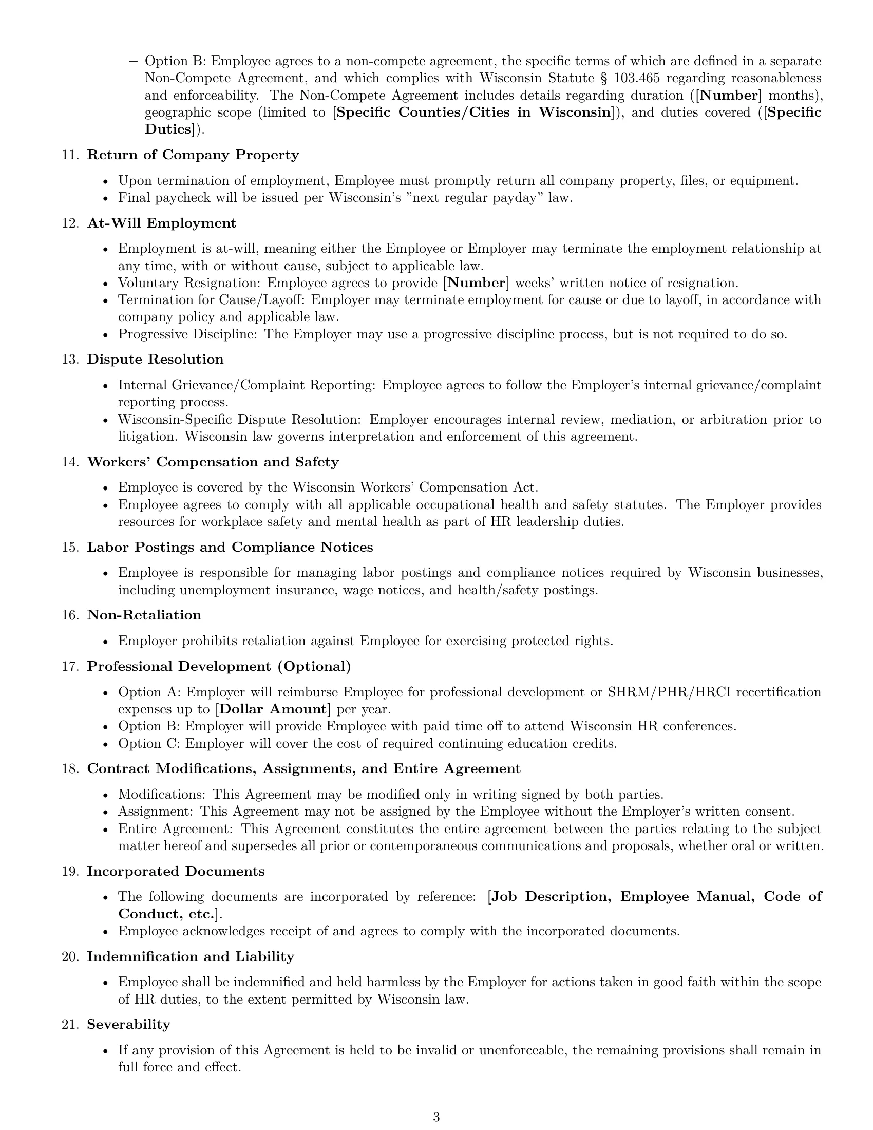 Preview page 3 of Free Wisconsin HR generalist employment contract template
