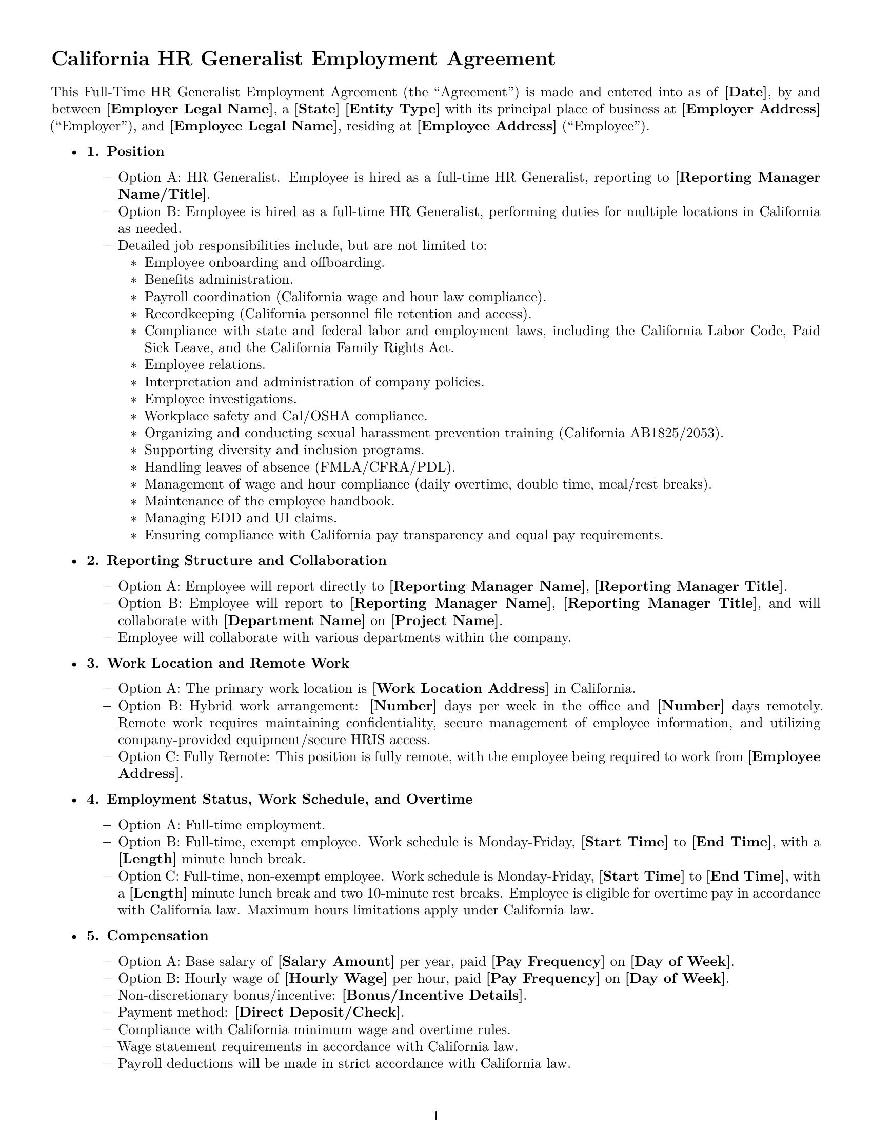 Preview page 1 of Free California HR generalist employment contract template
