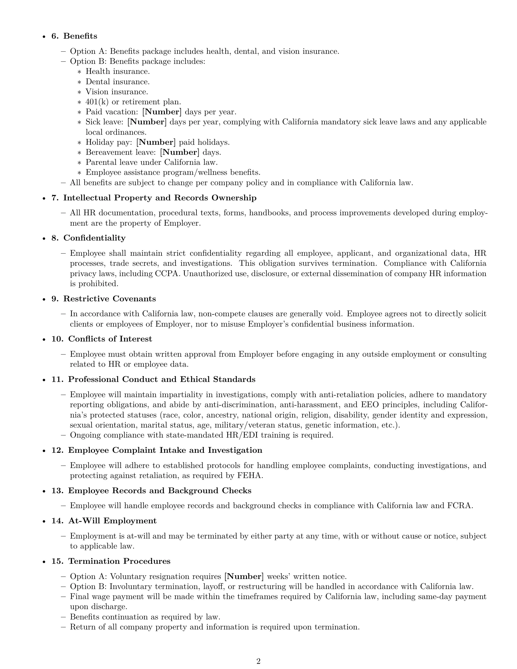 Preview page 2 of Free California HR generalist employment contract template