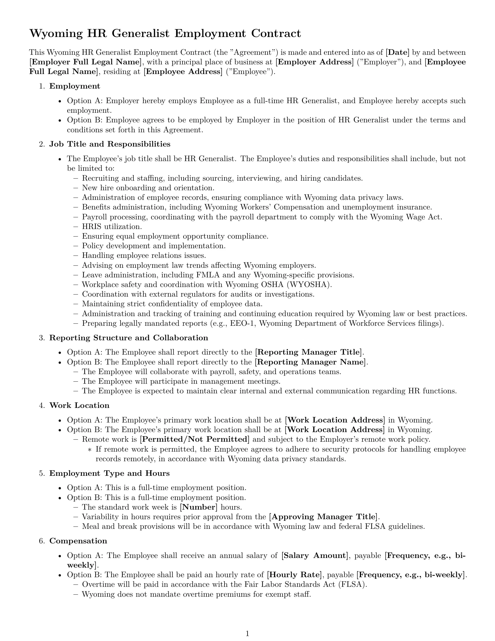 Preview page 1 of Free Wyoming HR generalist employment contract template
