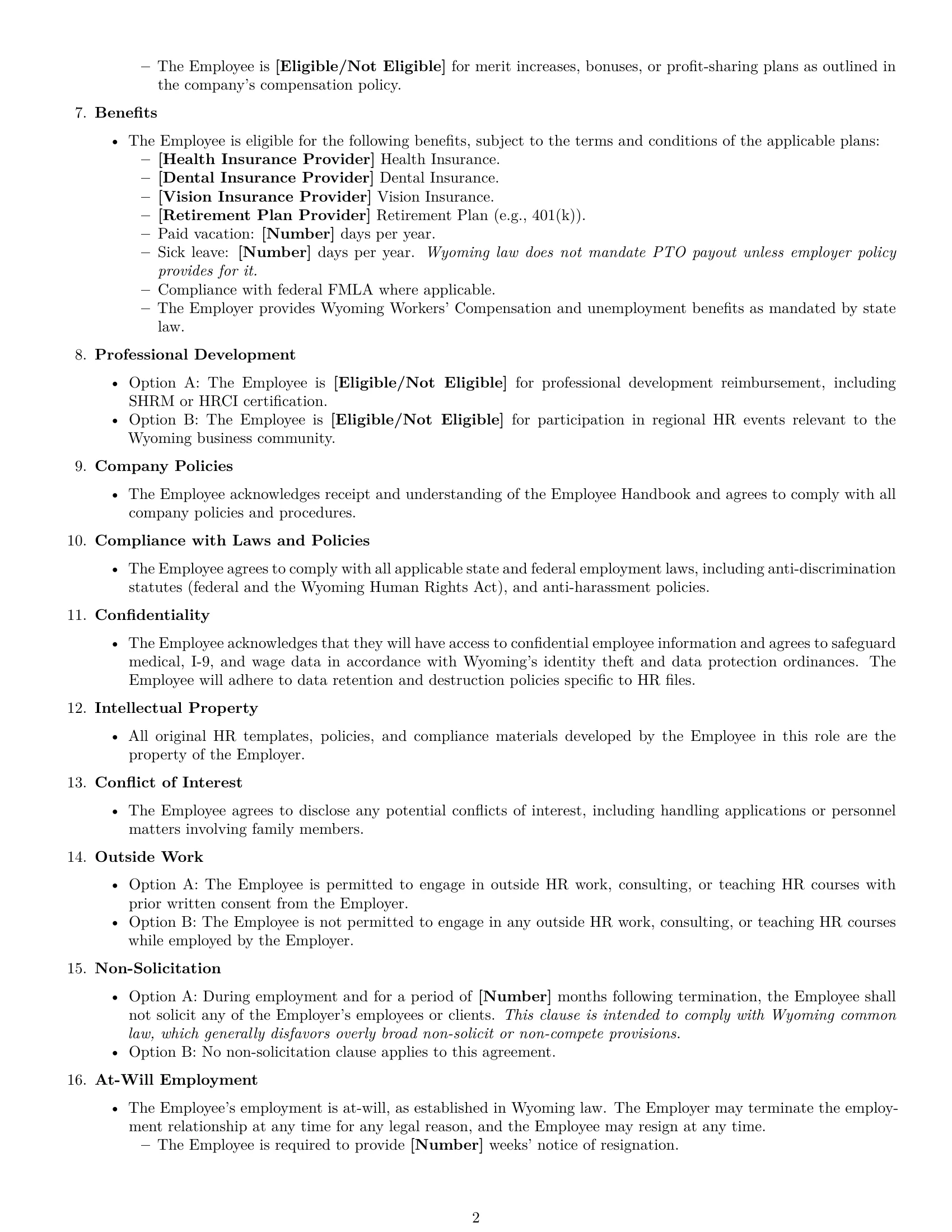 Preview page 2 of Free Wyoming HR generalist employment contract template