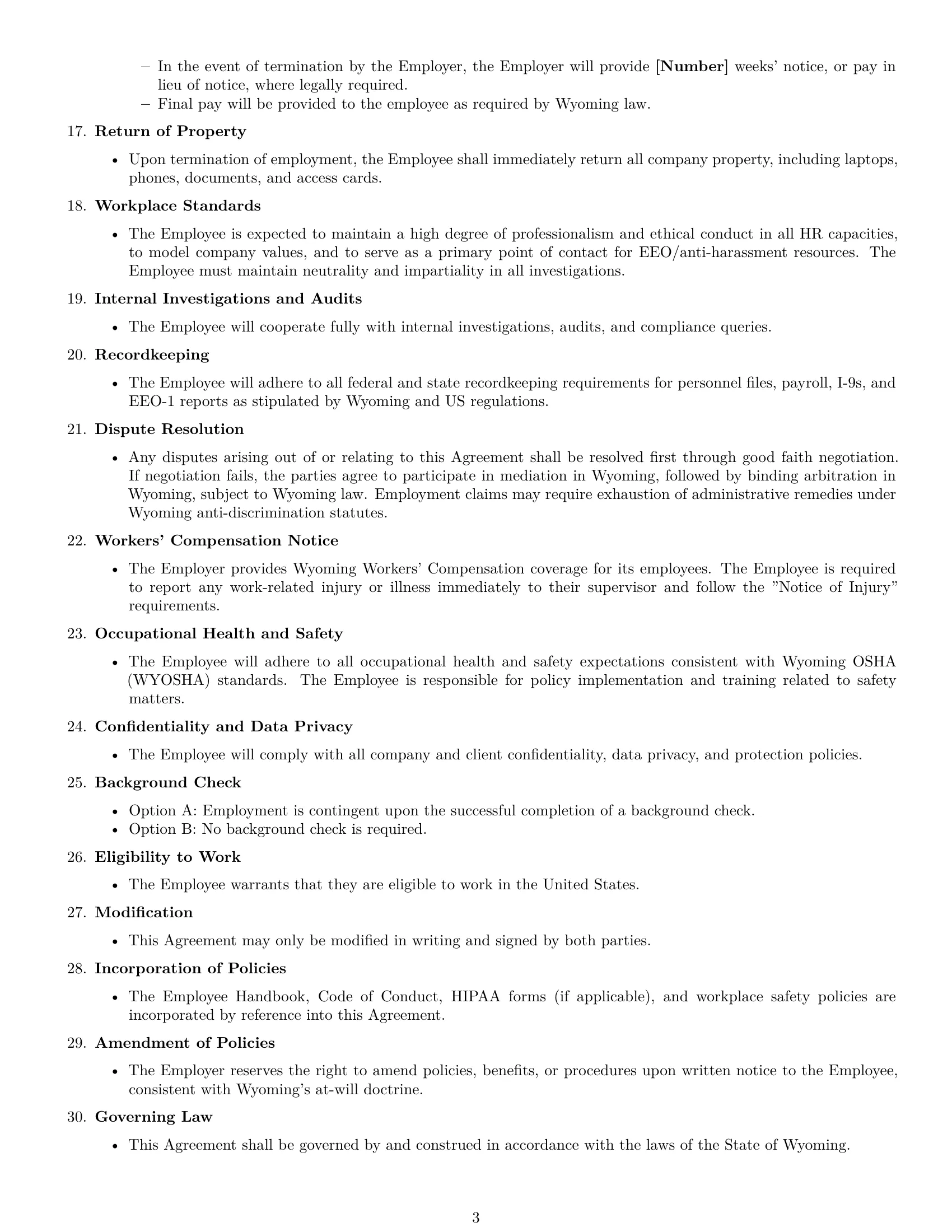 Preview page 3 of Free Wyoming HR generalist employment contract template