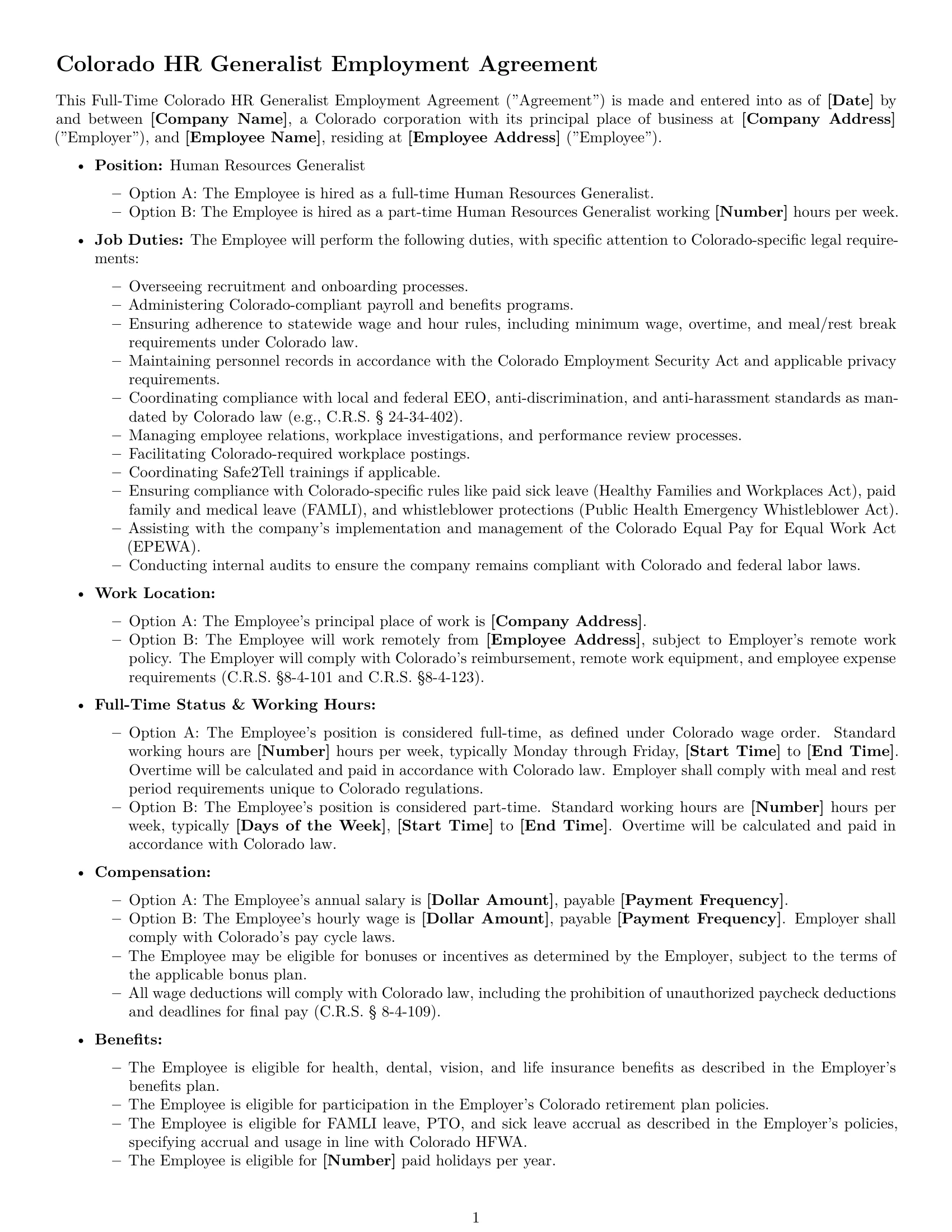 Preview page 1 of Free Colorado HR generalist employment contract template