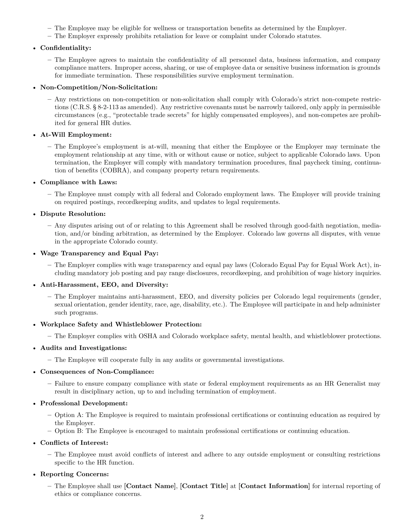 Preview page 2 of Free Colorado HR generalist employment contract template